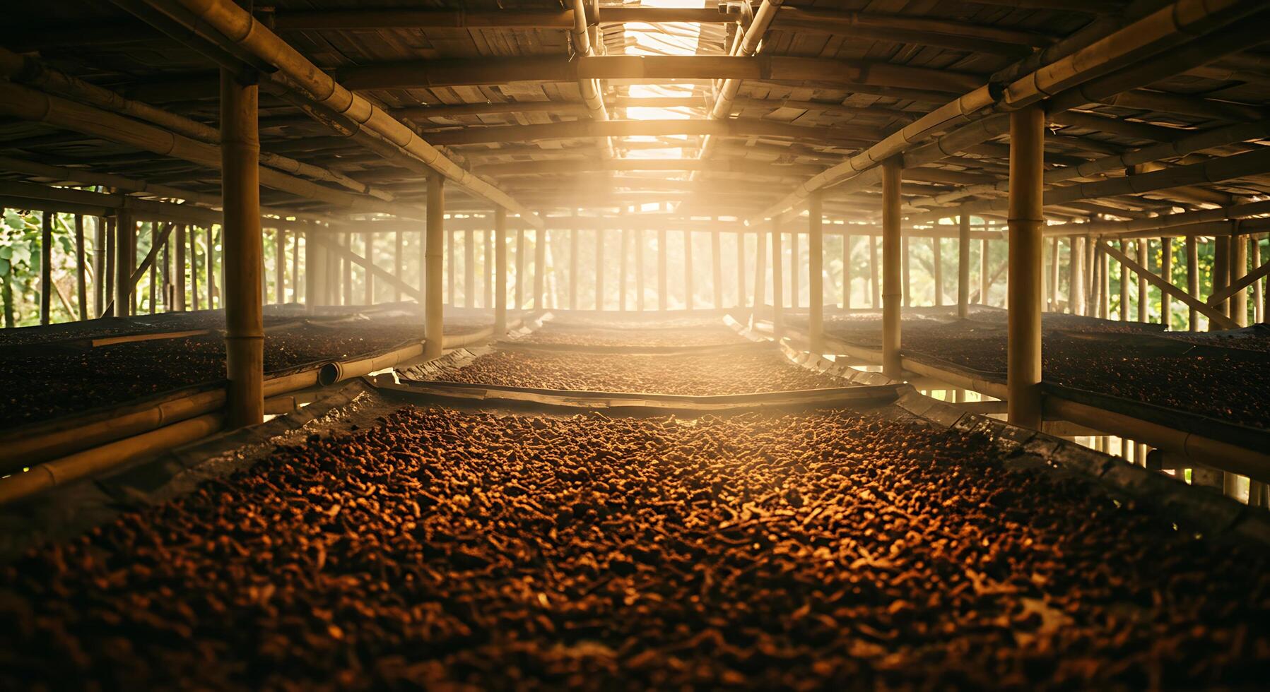 Sunlight Drying Product Inside Wood Structure in Agricultural Setting photo