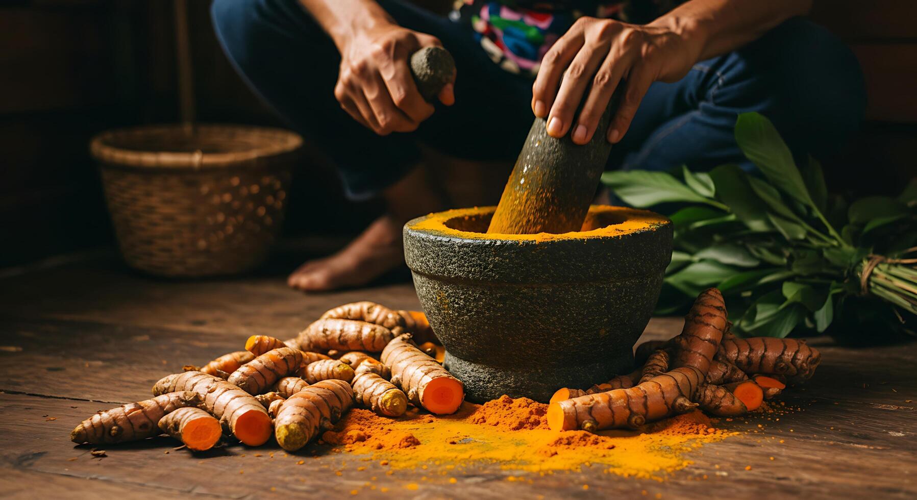 Grinding Turmeric Roots in Mortar with Pestle for Culinary and Health Preparation photo