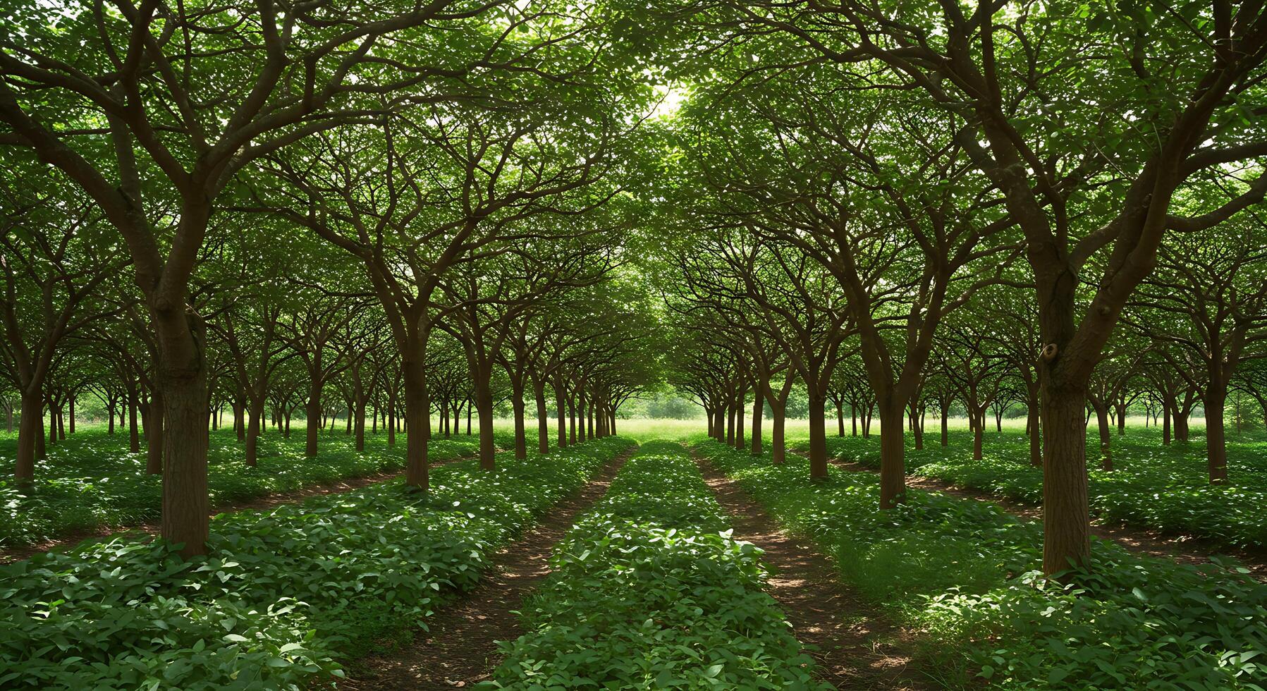 Lush Green Trees Lining a Dirt Path Leading Through a Forest Landscape photo