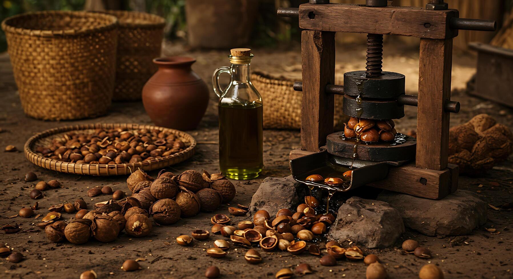 Traditional Oil Extraction Process Nuts Being Pressed in Wooden Equipment with Bottles photo
