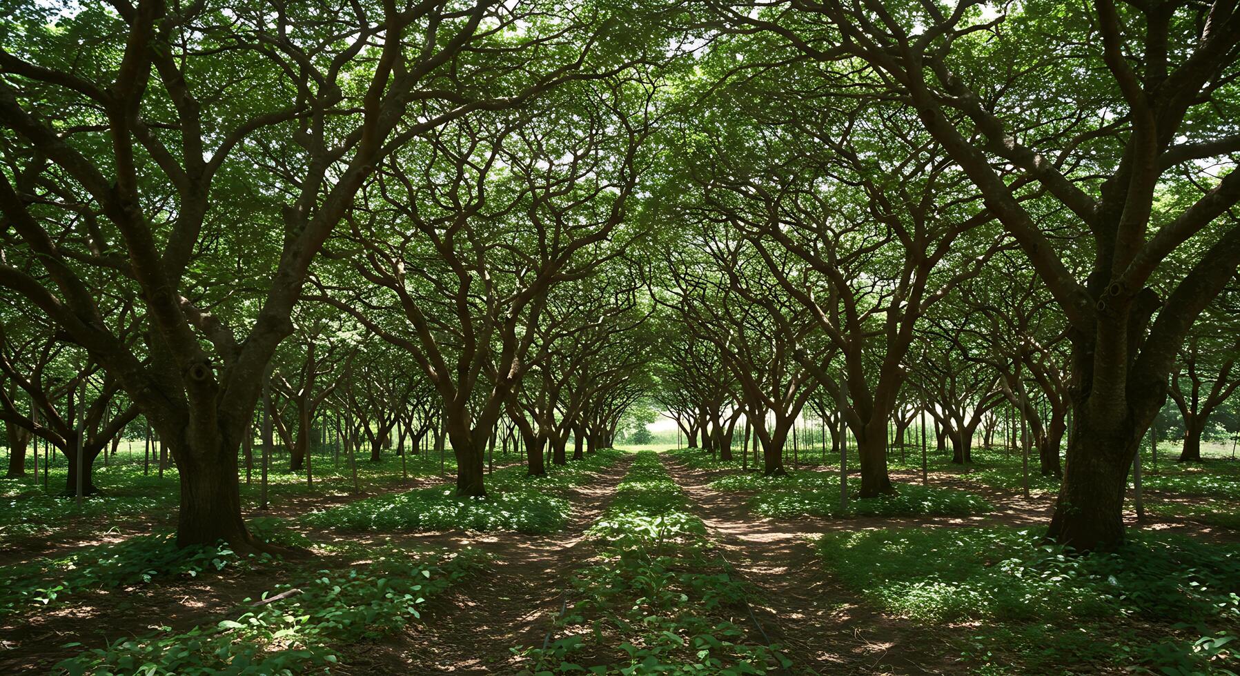 Lush Green Trees Forming a Natural Tunnel with Sunlight Through the Canopy photo