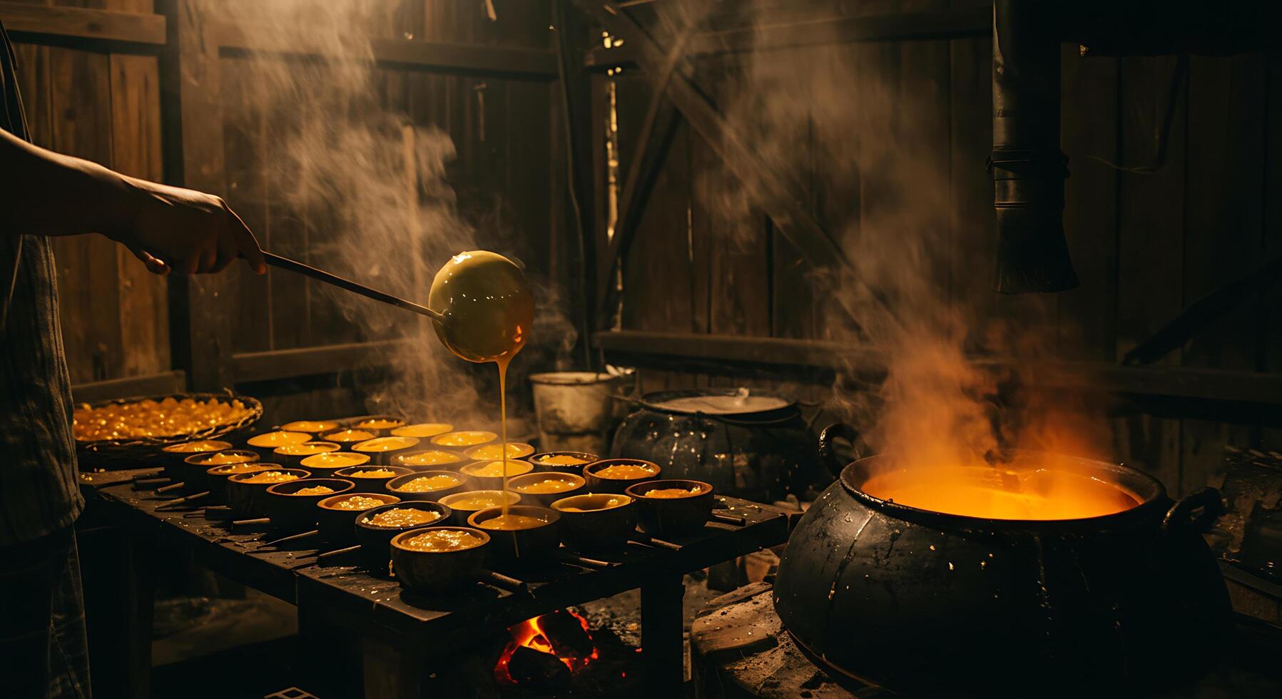 Pouring Liquid Food Into Bowls Over Fire Creating a Warm, Rustic, and Cozy Ambiance photo