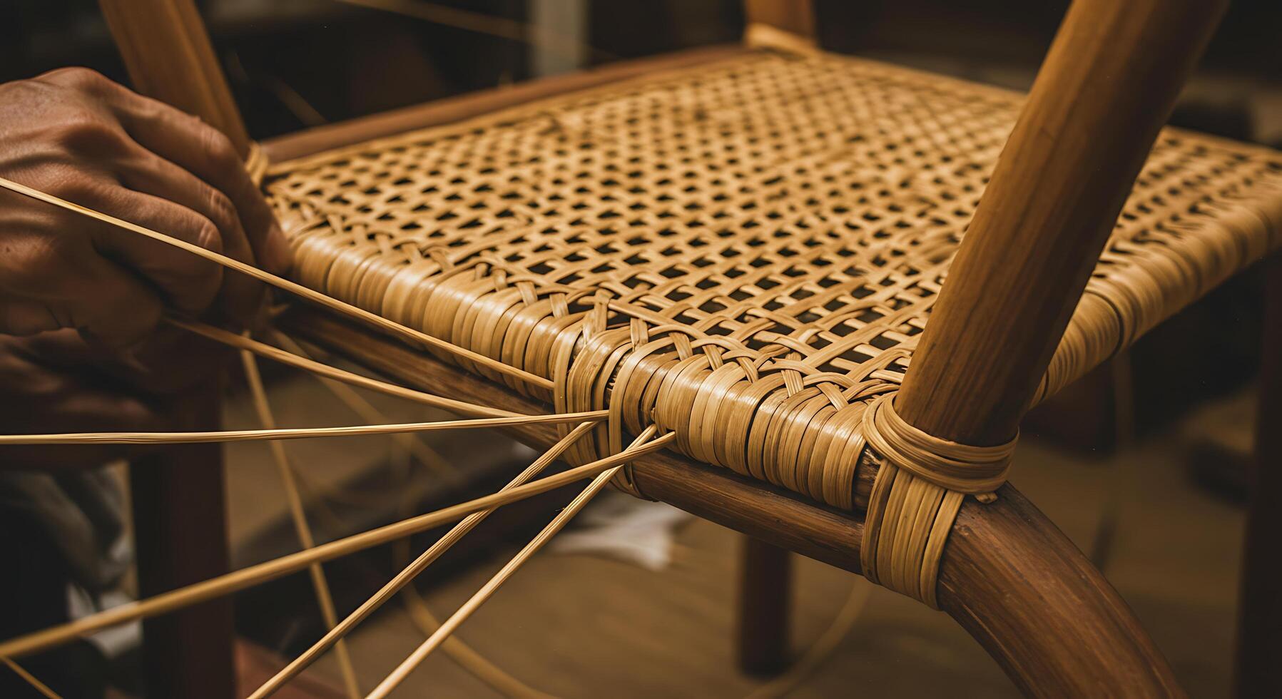 Hands Crafting Chair Seat From Wicker Material, Close Up, Artisan Work photo