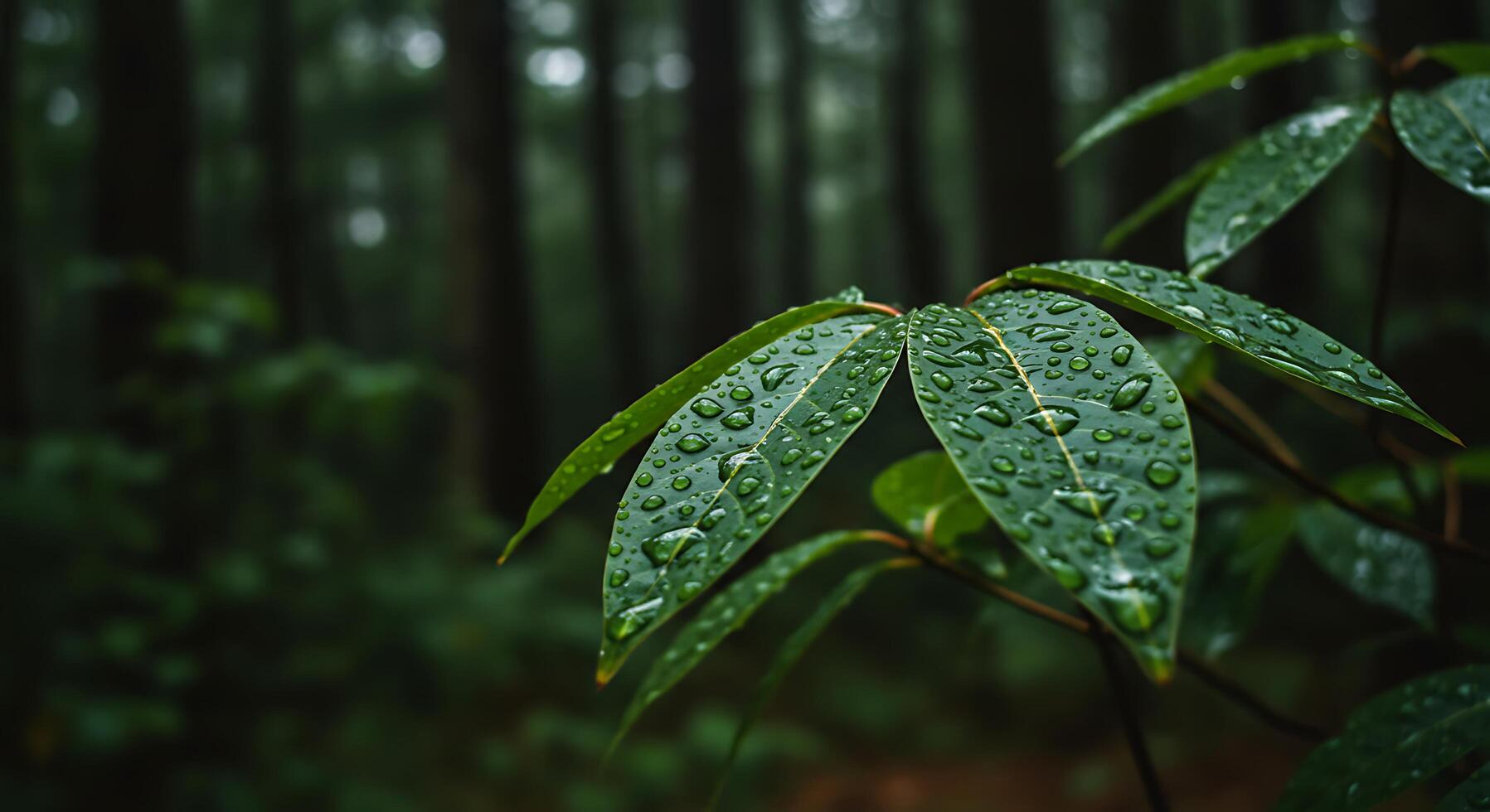 Close Up of Wet Green Leaves in a Forest with Rain Drops and Bokeh Background photo