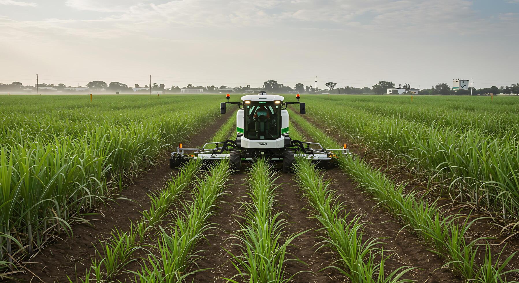 Agricultural Machine Working in Sugarcane Field, Modern Farming Technology Concept photo
