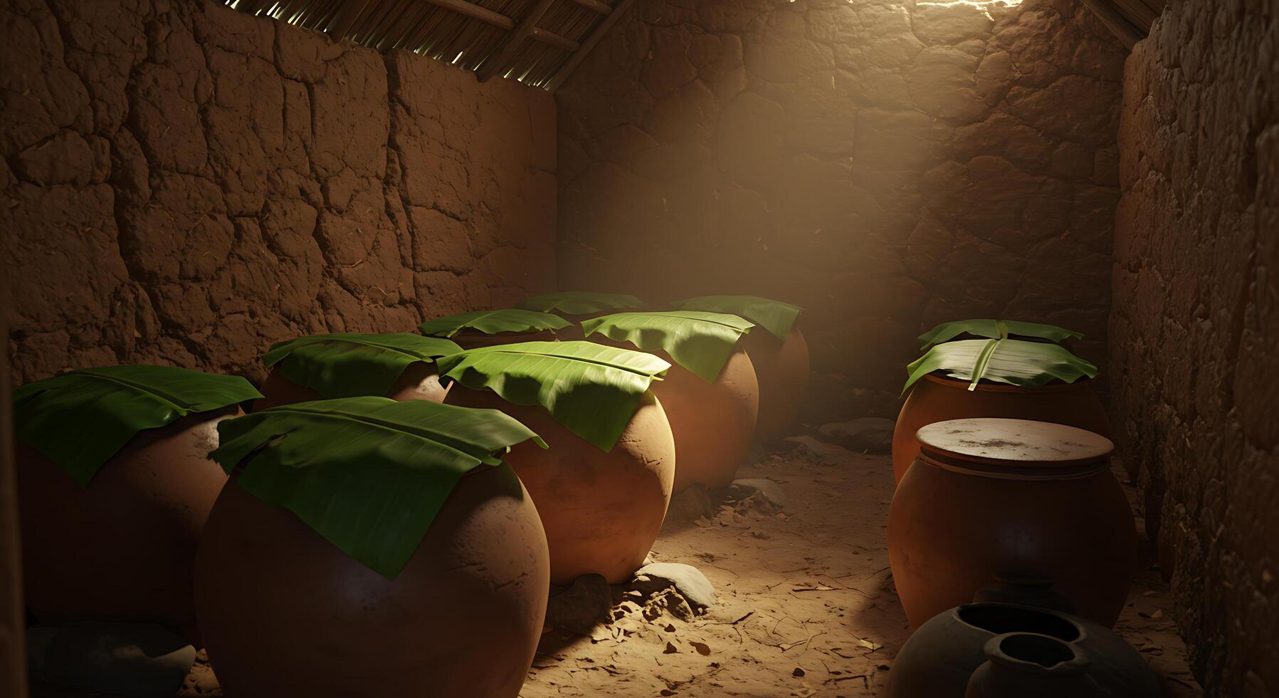 Storage Jars Inside Simple Rustic Structure with Natural Lighting and Shadows photo