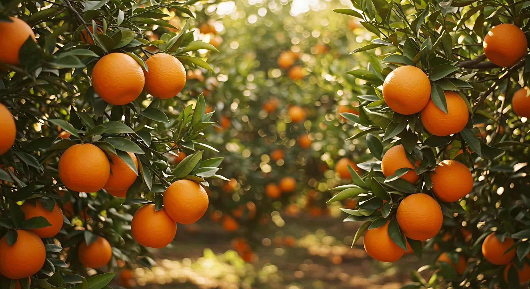 Orange Orchard with Ripe Fruit Hanging on Trees in Sunlight photo