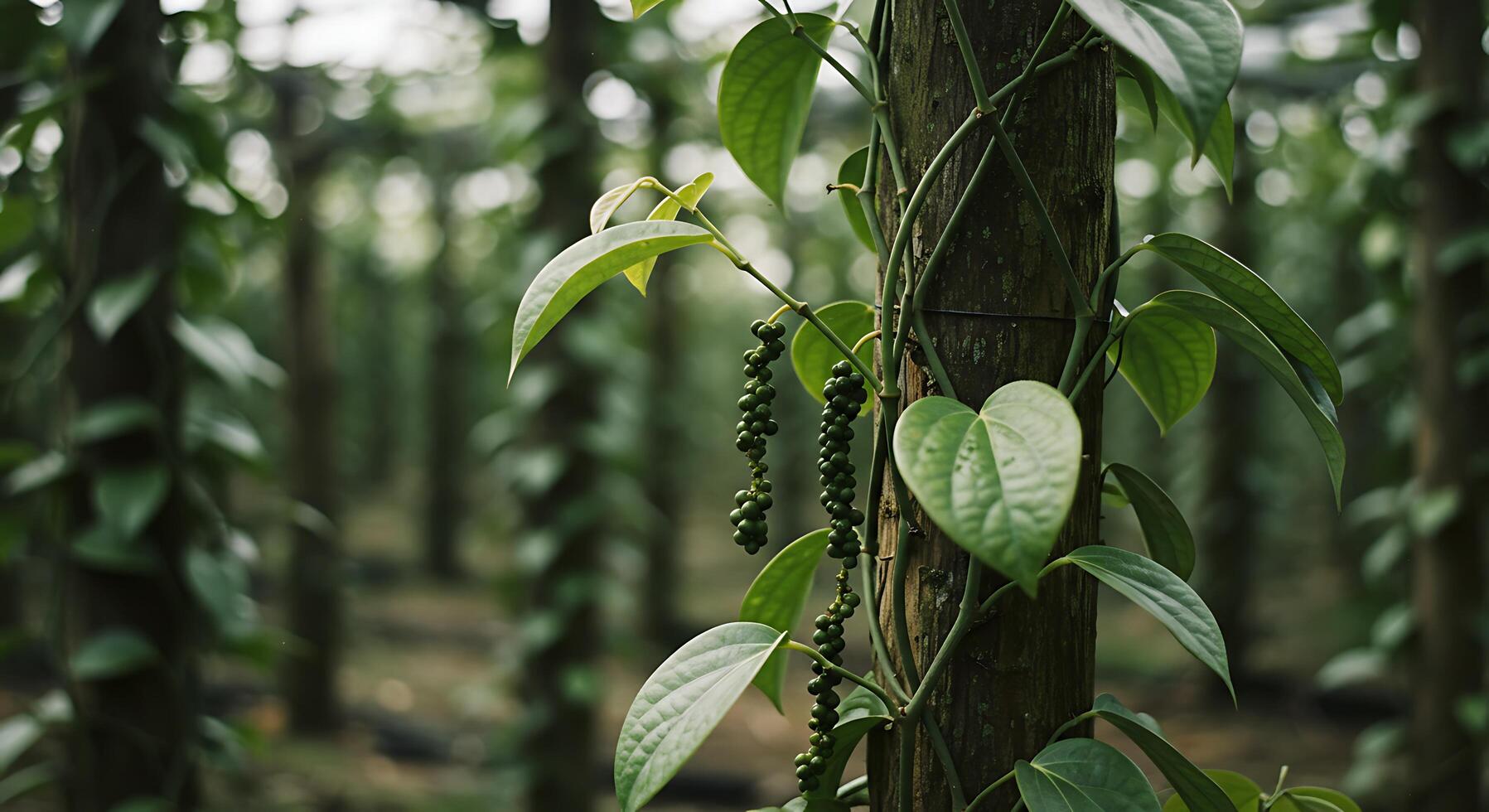 Green Peppercorns Growing on Vines Around Tree in a Forest photo
