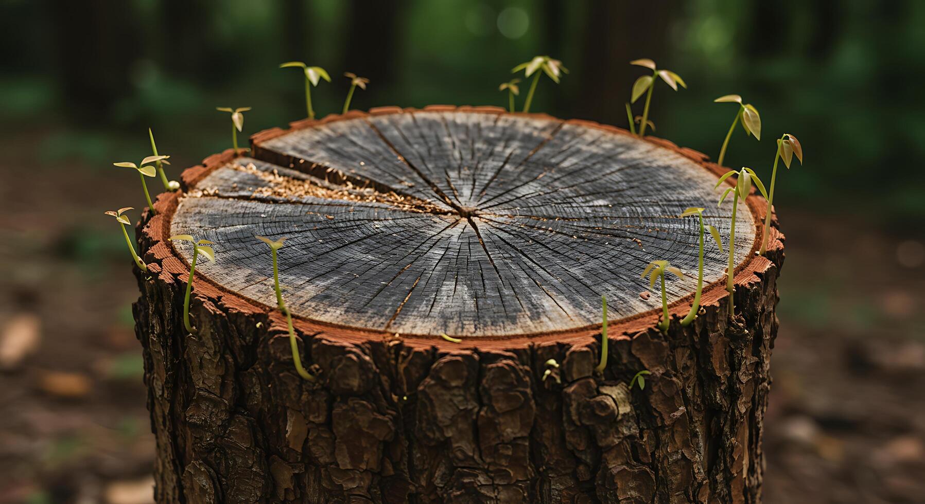 New Growth Sprouts From an Old Tree Stump in Forest Close Up photo