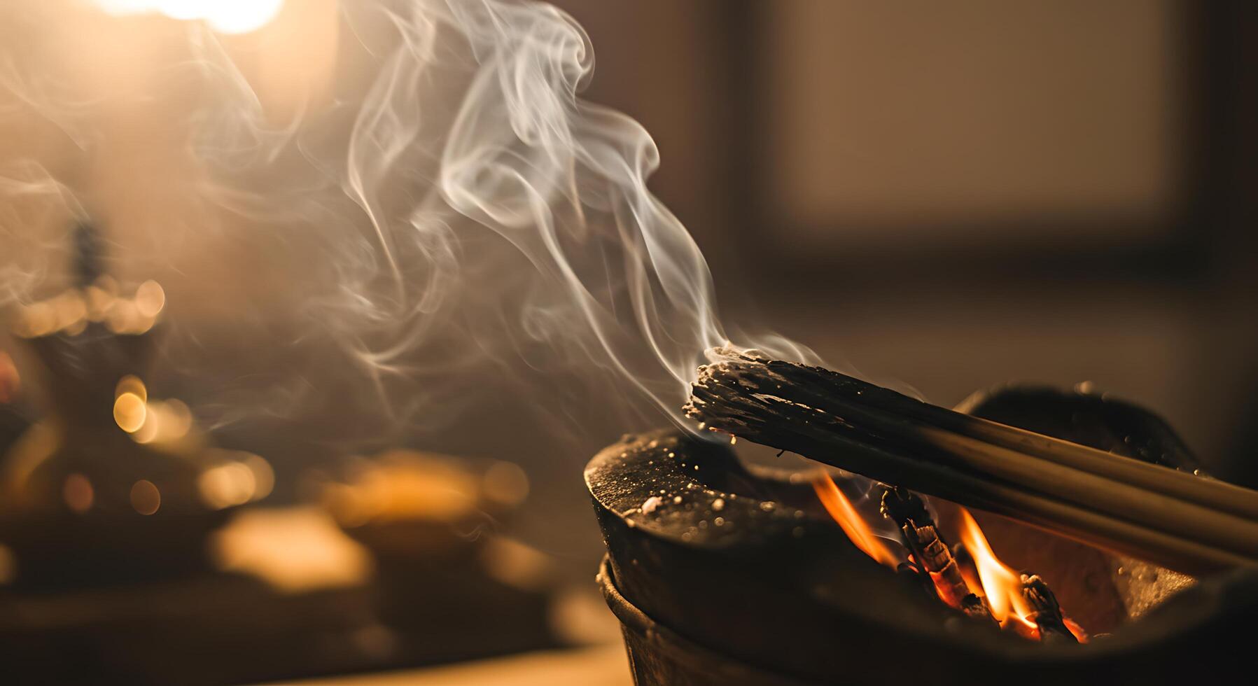Burning Incense Sticks with Smoke and Fire on a Dark Background photo