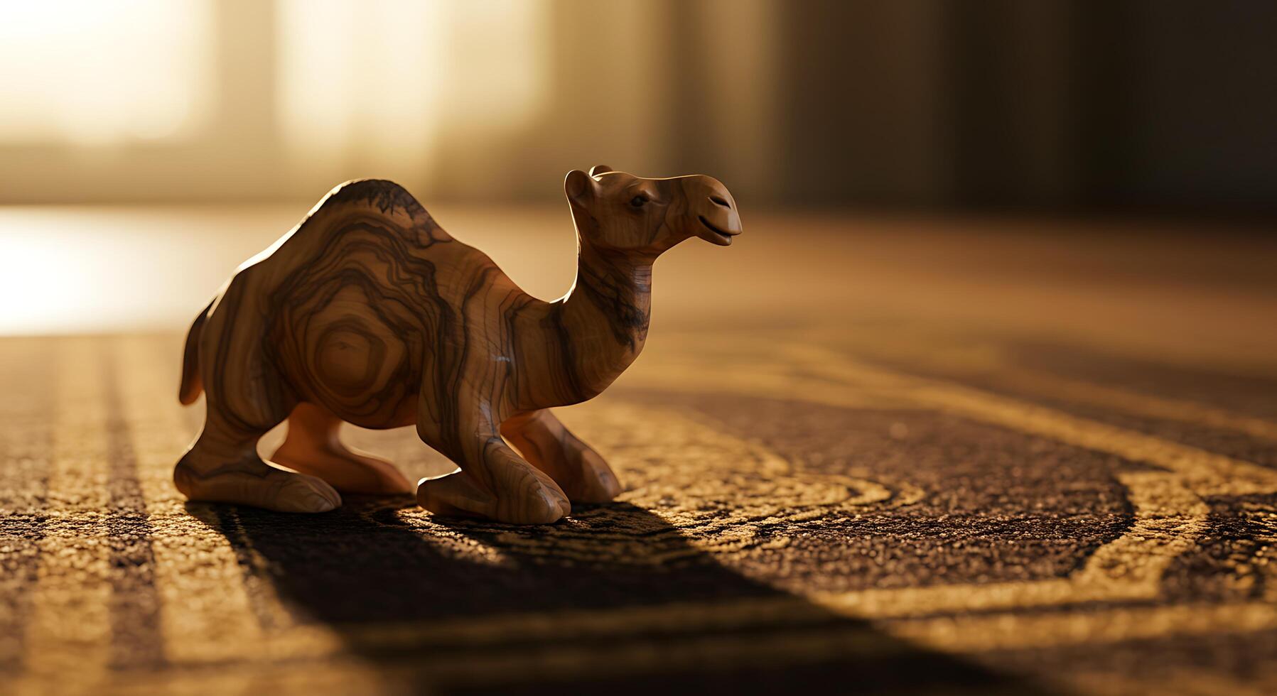 Wooden Camel Sculpture on Carpet in Sunlight with Dramatic Shadows and Warm Tones photo