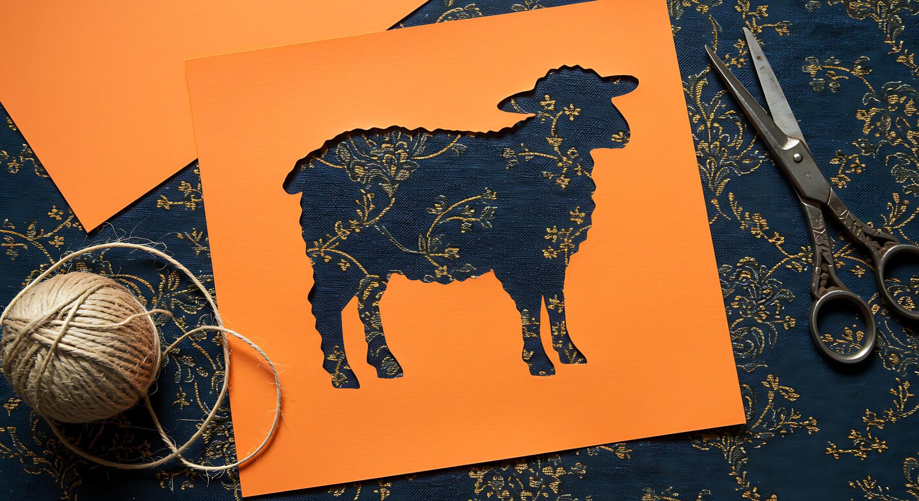 Sheep Silhouette Cutout on Orange Paper with Scissors and String for Crafts photo