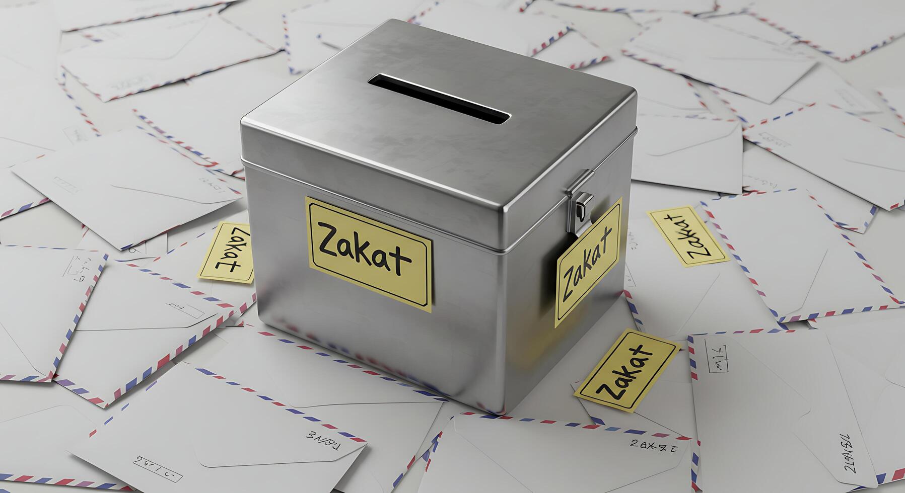 Metal Box with Zakat Labels and Envelopes for Financial Giving and Charity photo