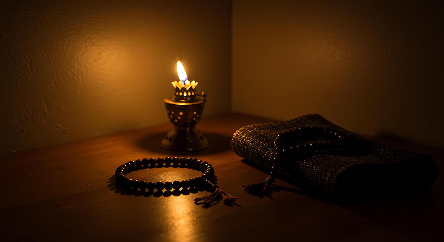 Burning Lamp and Prayer Beads on a Wooden Table in a Warm, Cozy Setting photo