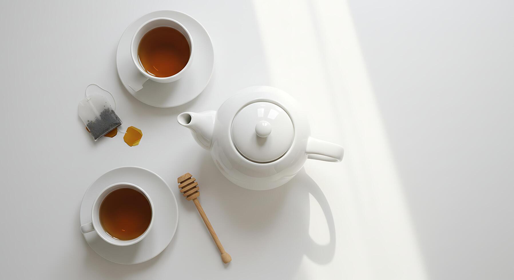 Preparing Tea with Teapot and Honey Dipper on Clean White Surface photo
