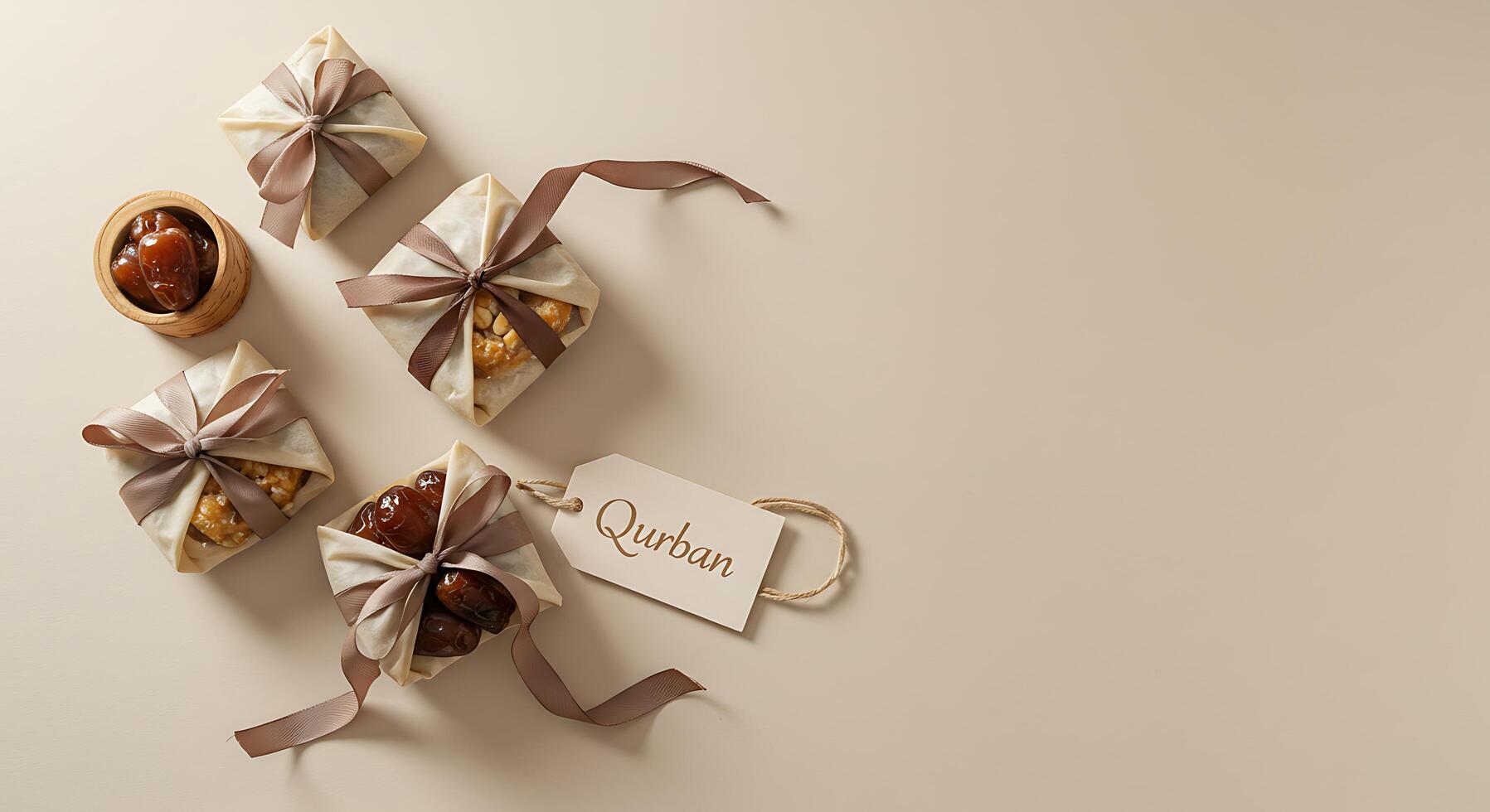 Arrangement of Gifts and Dates for a Holiday Celebration with Brown Ribbon and Tag photo