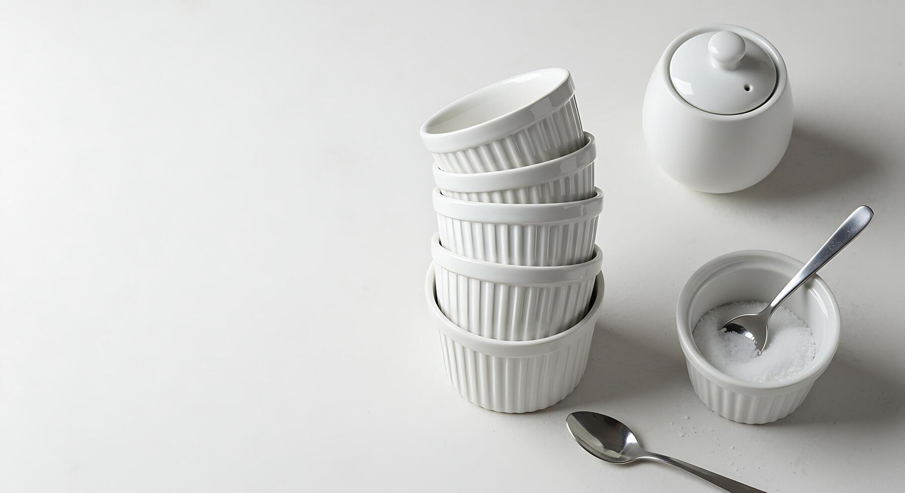 Stack of White Bowls with Sugar Bowl and Spoon on White Surface photo