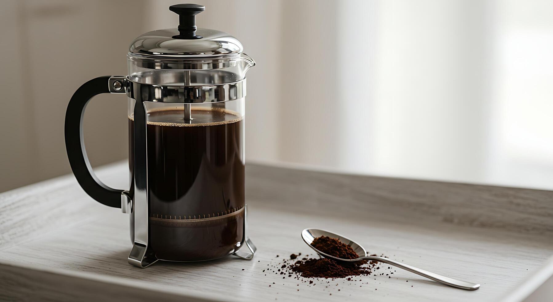 Making Coffee with French Press and Spoon of Grounds photo