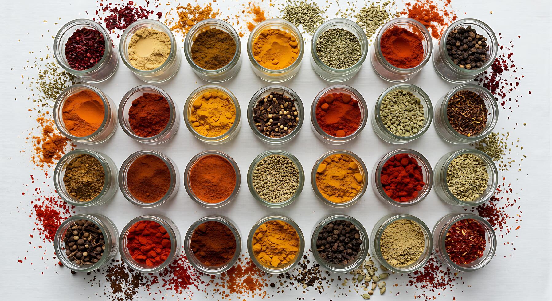 Assortment of Various Spices Displayed in Small Glass Jars photo