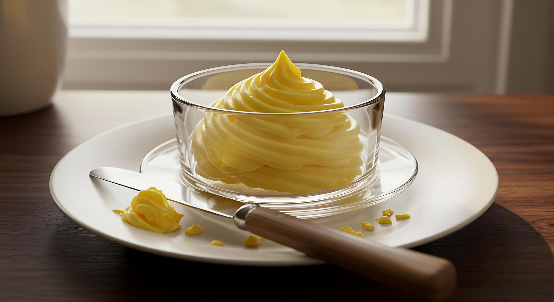 Whipped Butter in Glass Bowl with Spreading Knife on Plate photo
