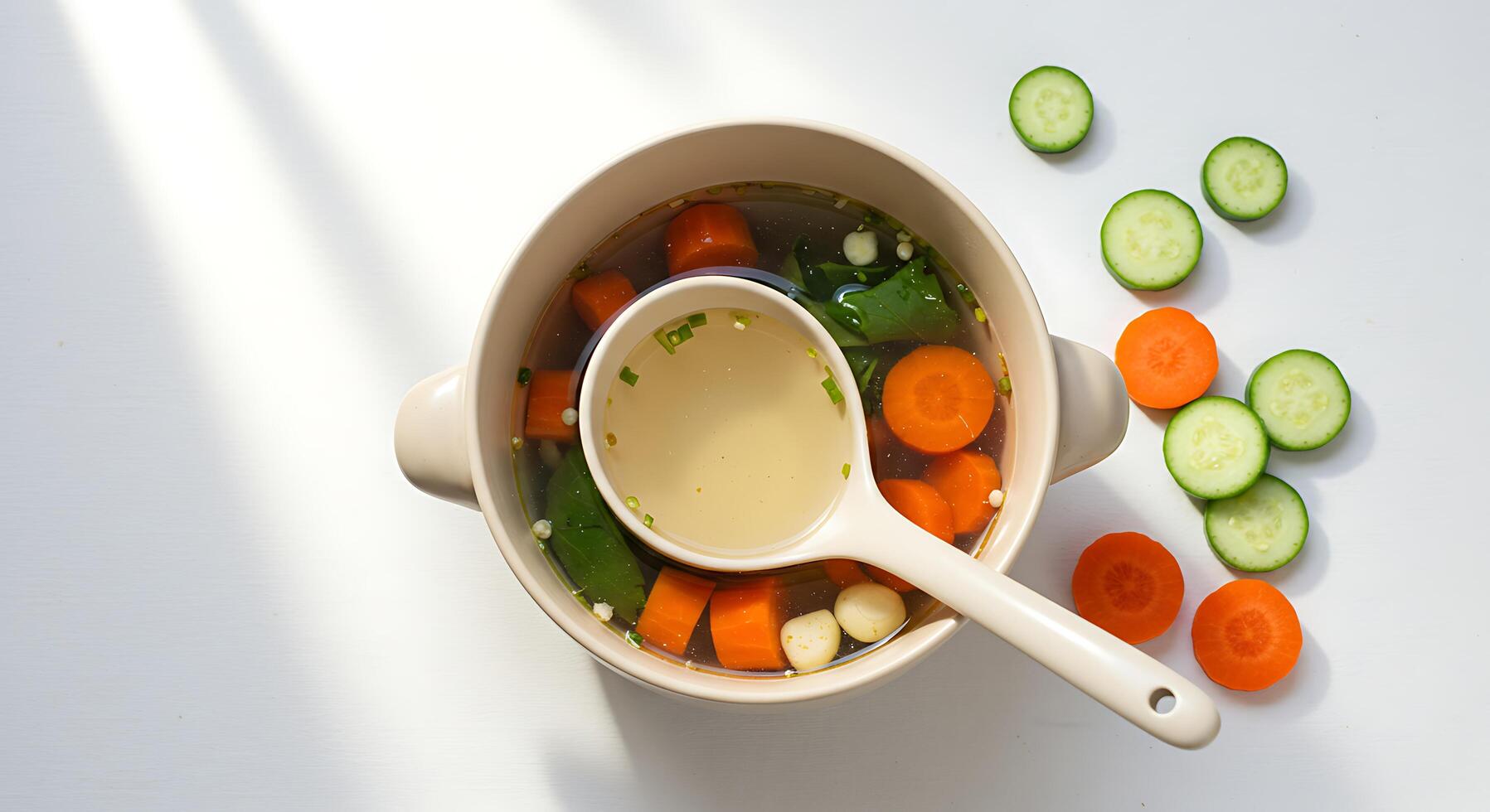 Serving Vegetable Soup with Ladle and Cucumber Slices photo