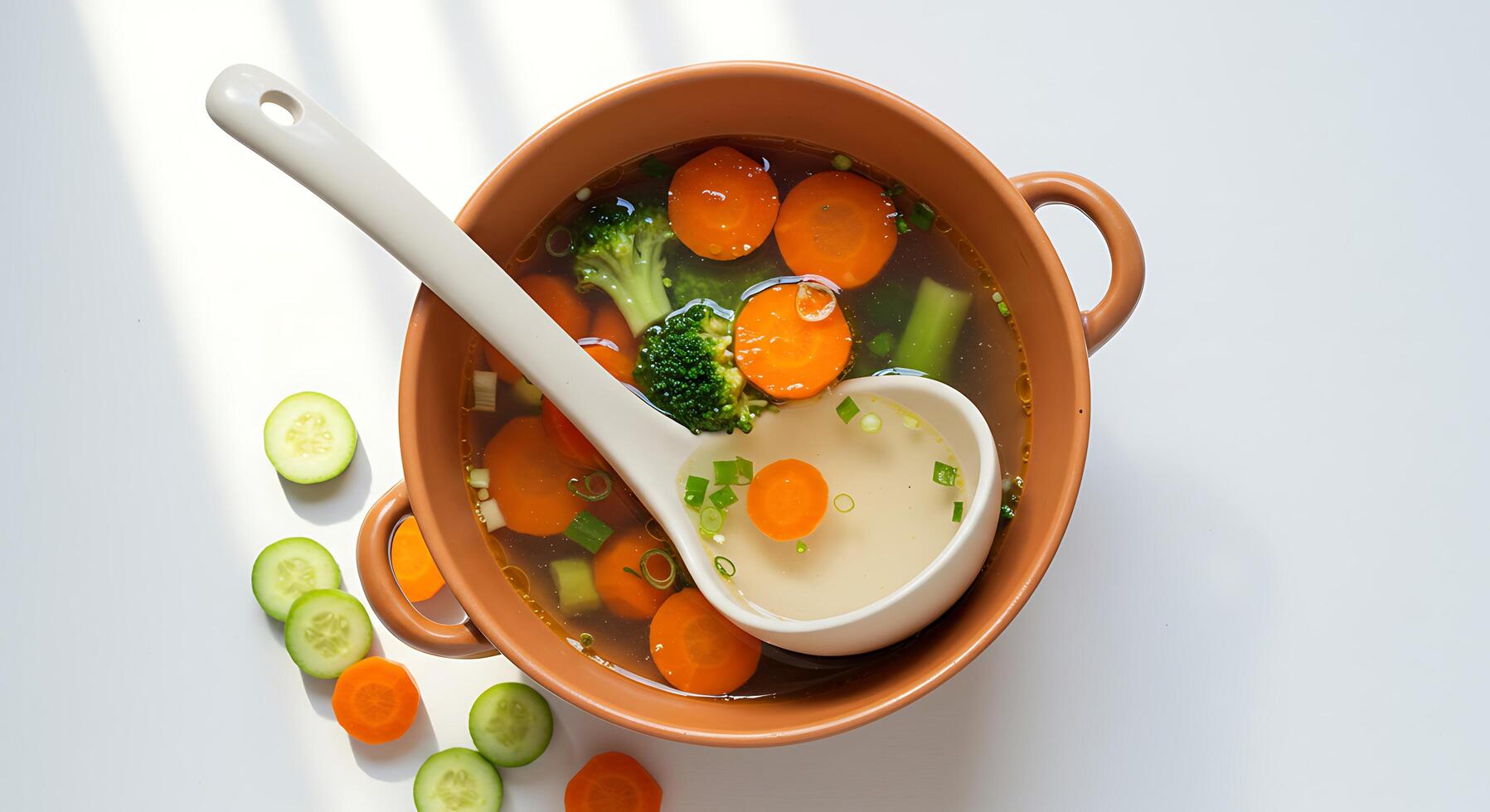 Vegetable Soup Served in Bowl with Ladle and Sliced Cucumber photo