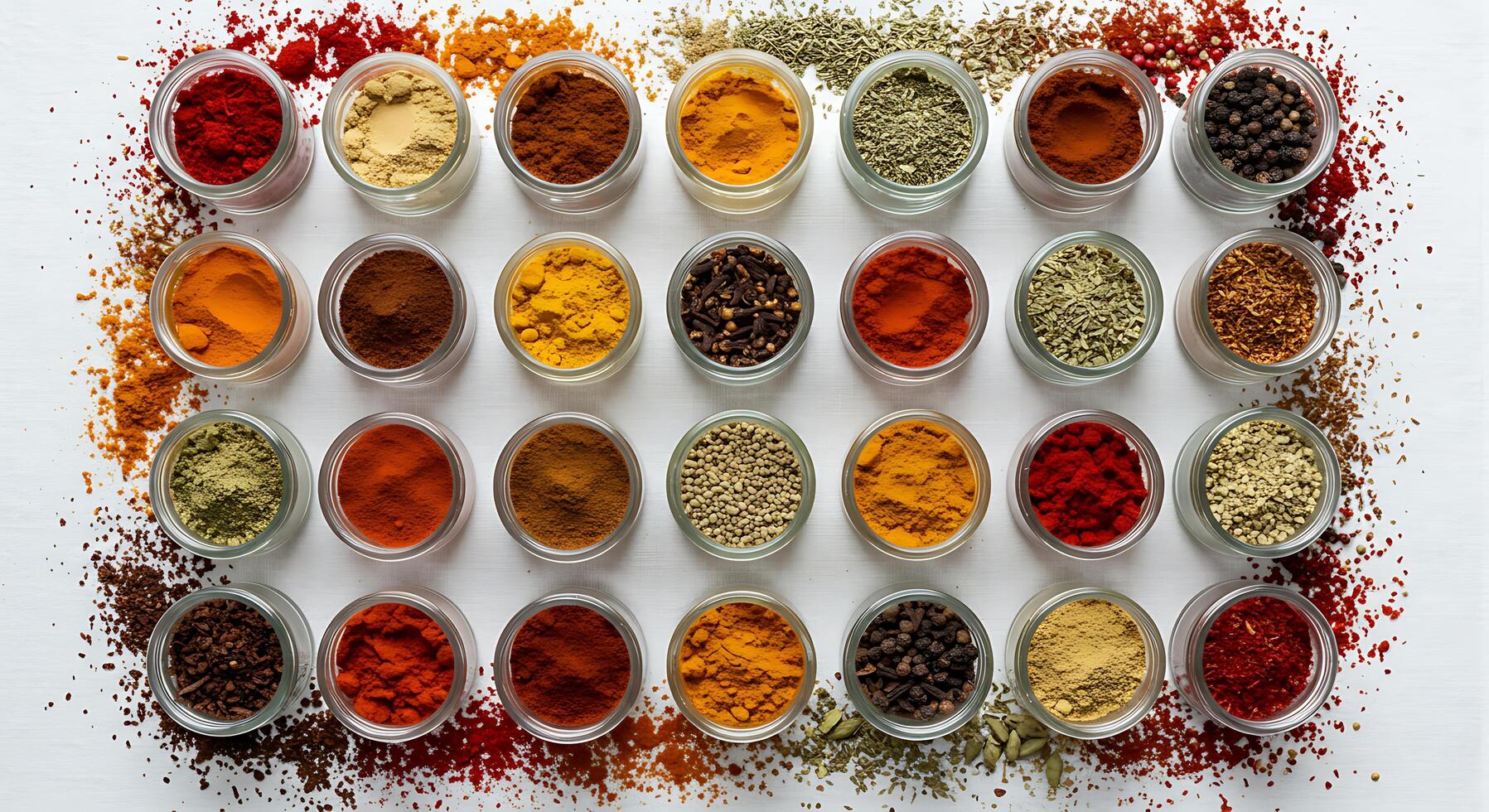 Assorted Spices in Glass Jars Collection, Colorful Cooking Ingredients photo
