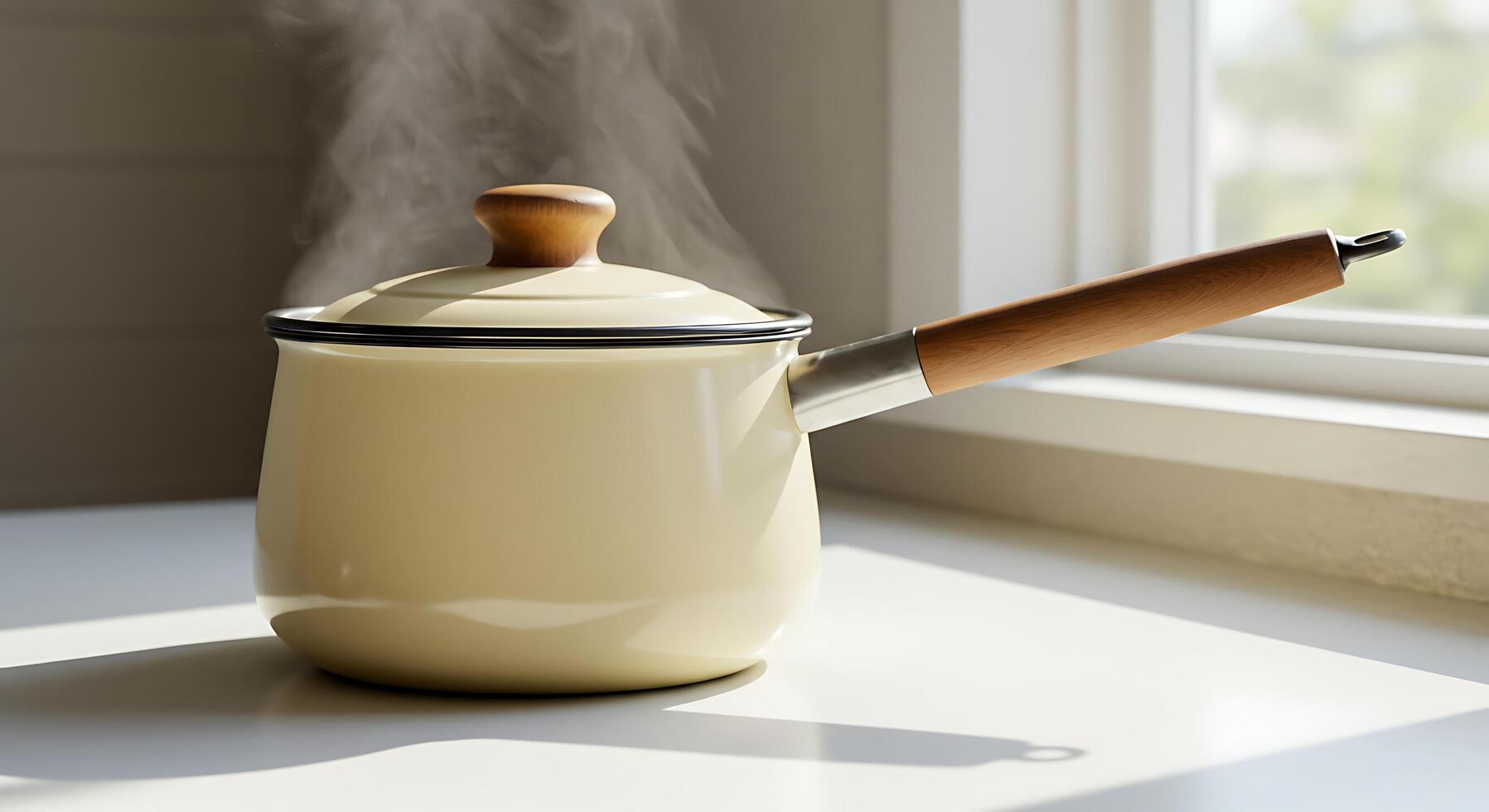 Saucepan Steaming on Countertop by Window in Kitchen photo