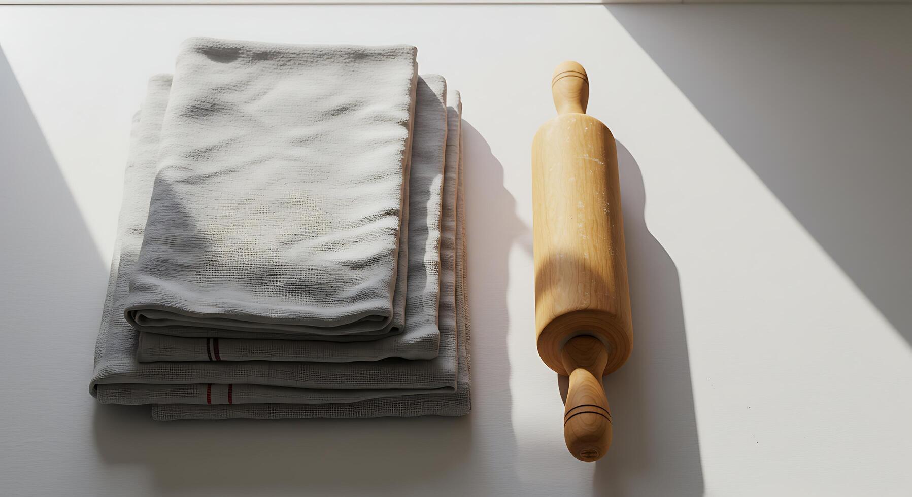 Kitchen Scene with Folded Towels and Rolling Pin on White Surface photo