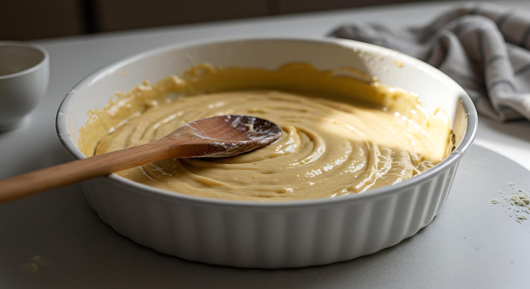 Mixing Cake Batter in Bowl with Wooden Spoon Ready for Baking photo