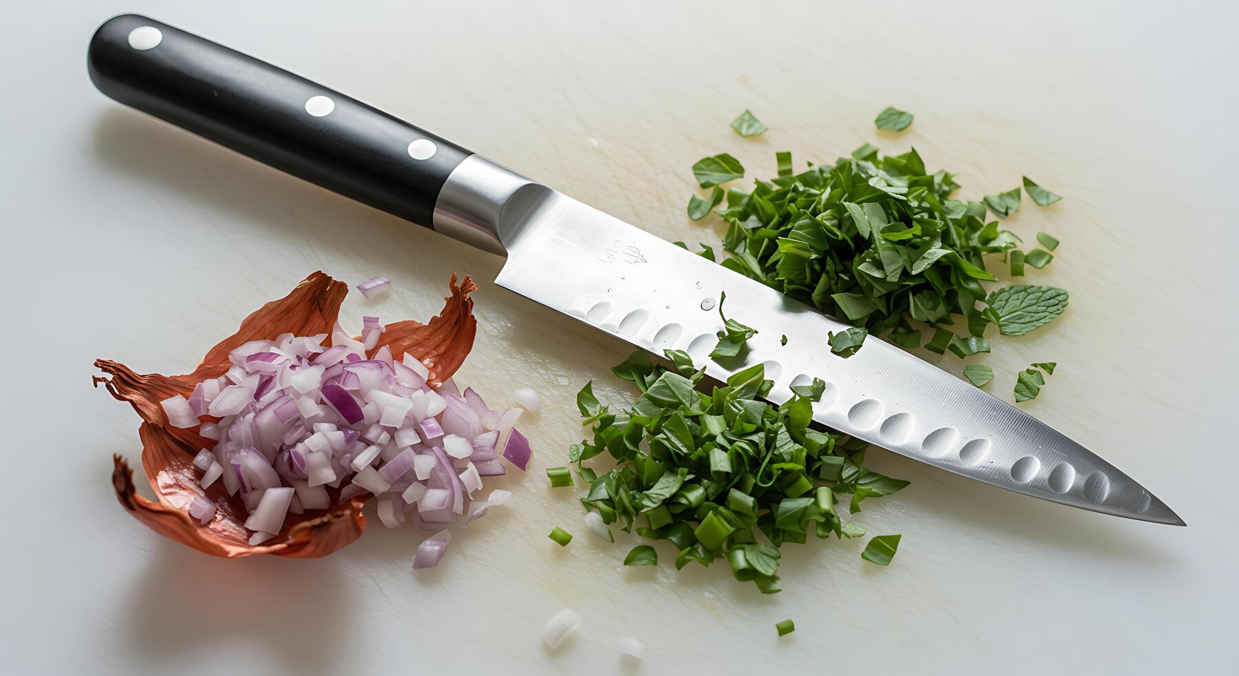 Chopped Vegetables with Sharp Knife on Cutting Board photo