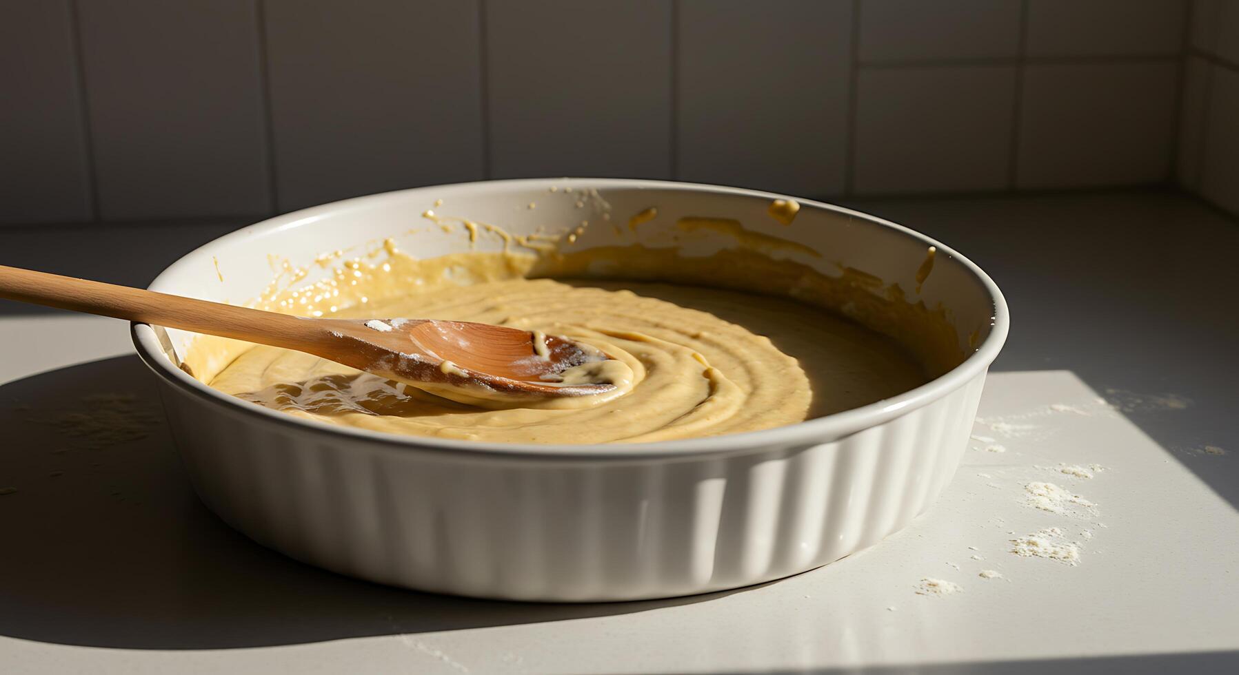 Mixing Batter in Baking Dish with Wooden Spoon Preparation photo