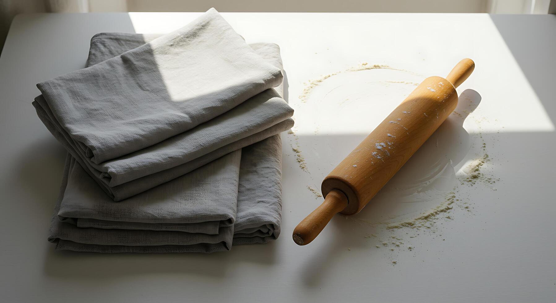 Rolling Pin and Folded Linens on White Surface in Natural Light photo