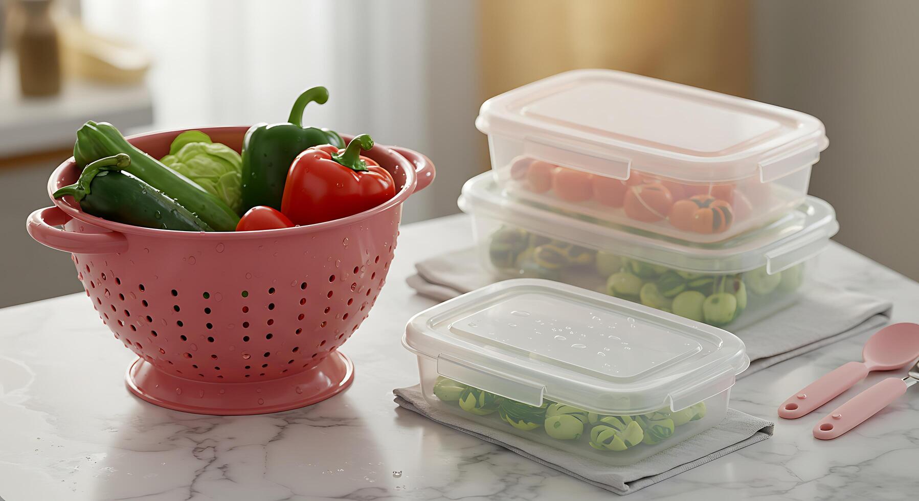 Vegetables in Colander and Food Containers on Counter photo