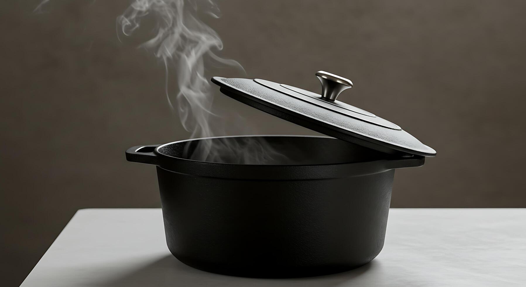 Cooking Pot with Steam Rising, Lid Slightly Open, on Table photo