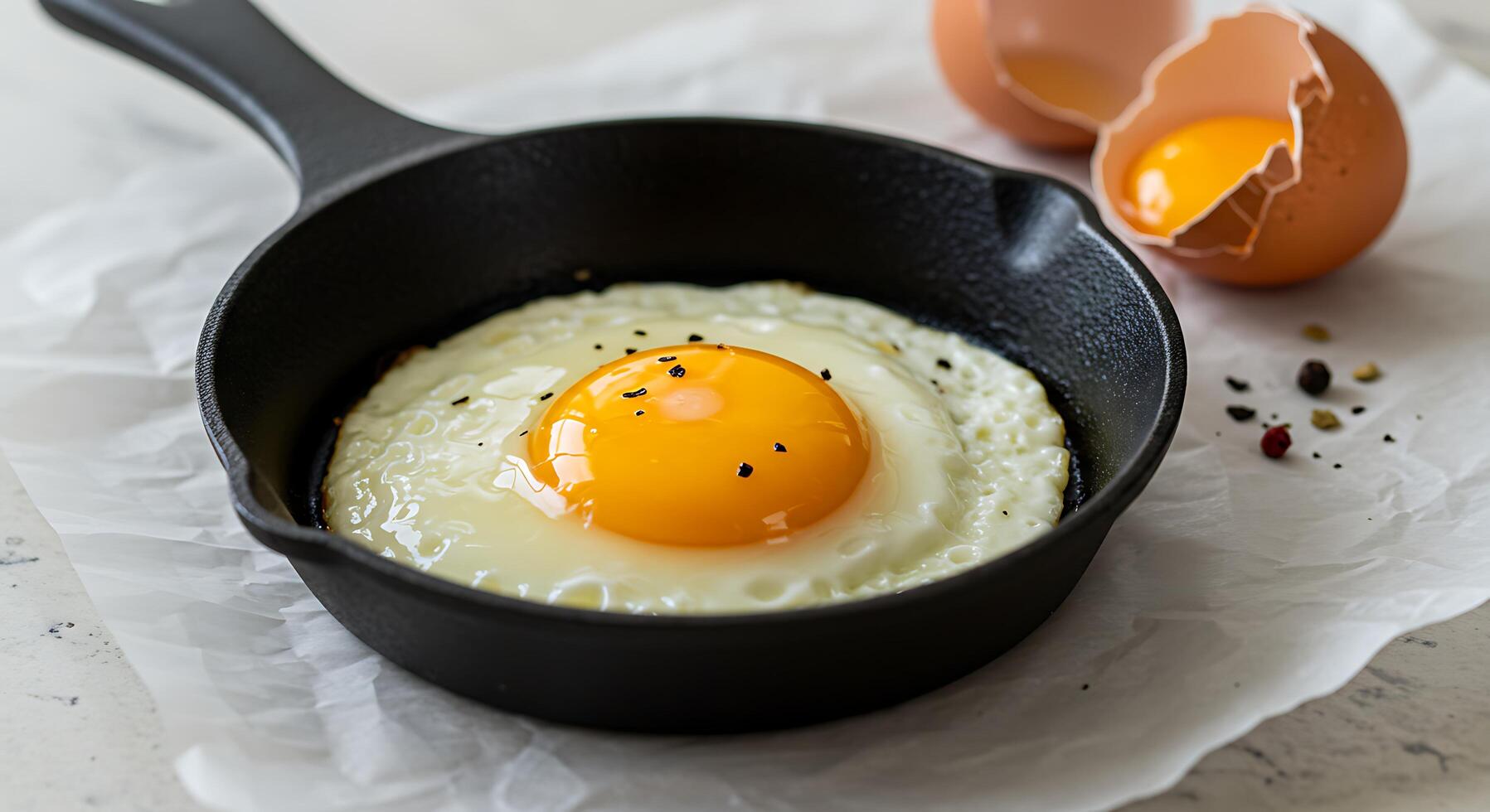 Frying Egg in Pan with Eggshell and Pepper Food Preparation photo