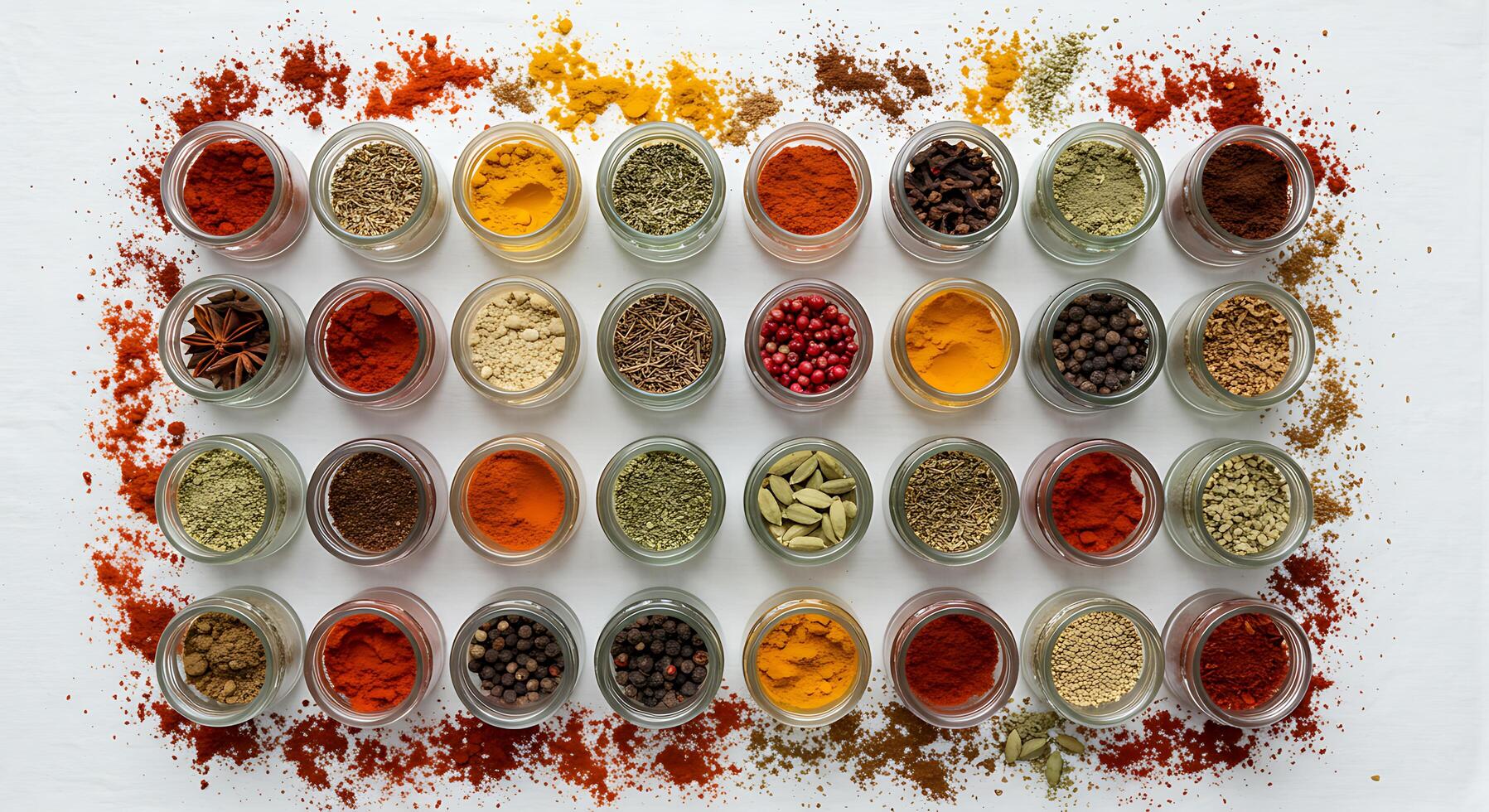 Assorted Spices in Jars Overhead View on White Surface photo