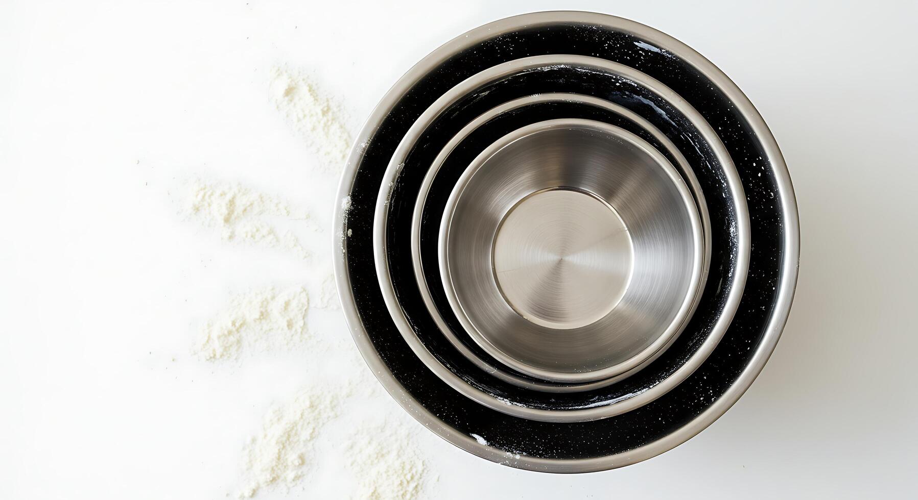 Nesting Stainless Steel Mixing Bowls with Flour, Top View photo