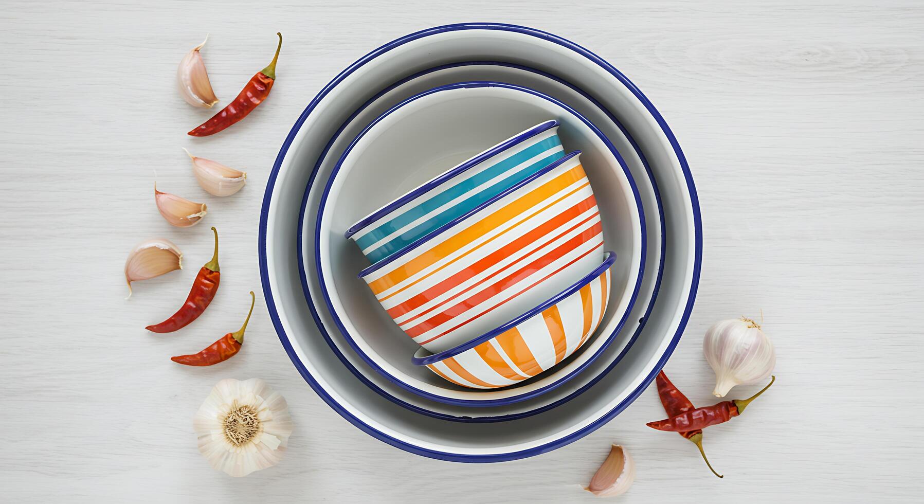 Stack of Colorful Bowls with Garlic and Chili Peppers on White Wood photo
