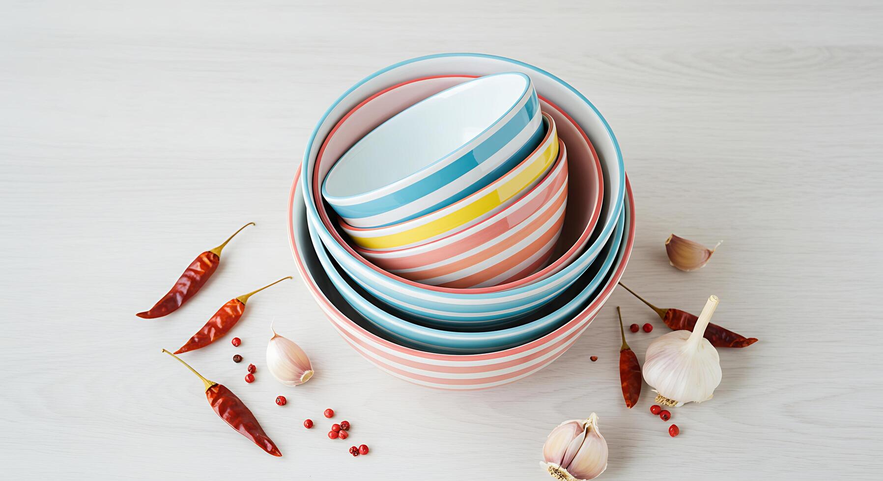 Stacked Bowls with Garlic and Chili Peppers on a Wooden Surface photo