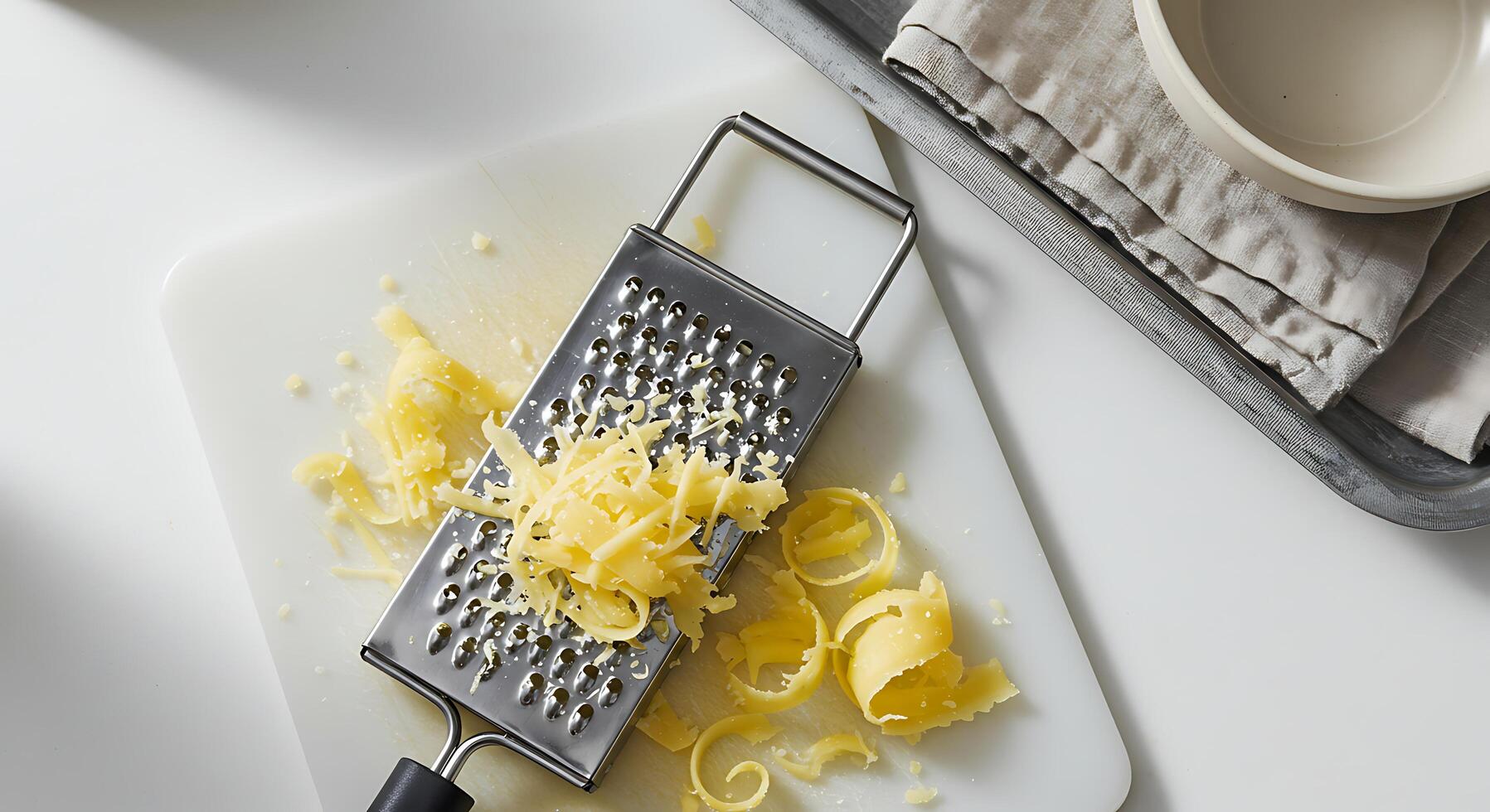 Grating Cheese on Cutting Board Overhead Food Preparation photo