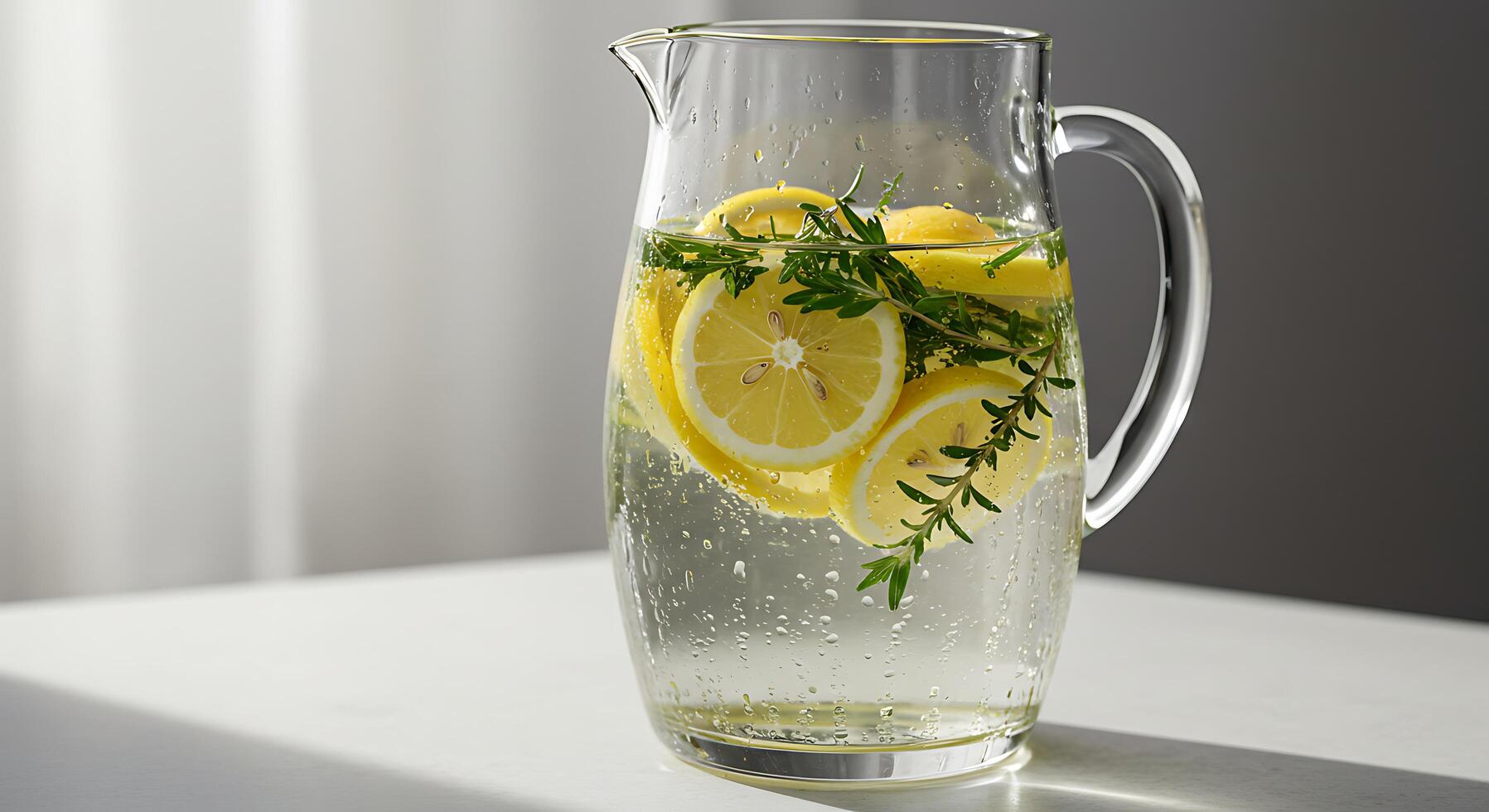 Refreshing Lemon Water in Glass Pitcher with Thyme Sprigs photo