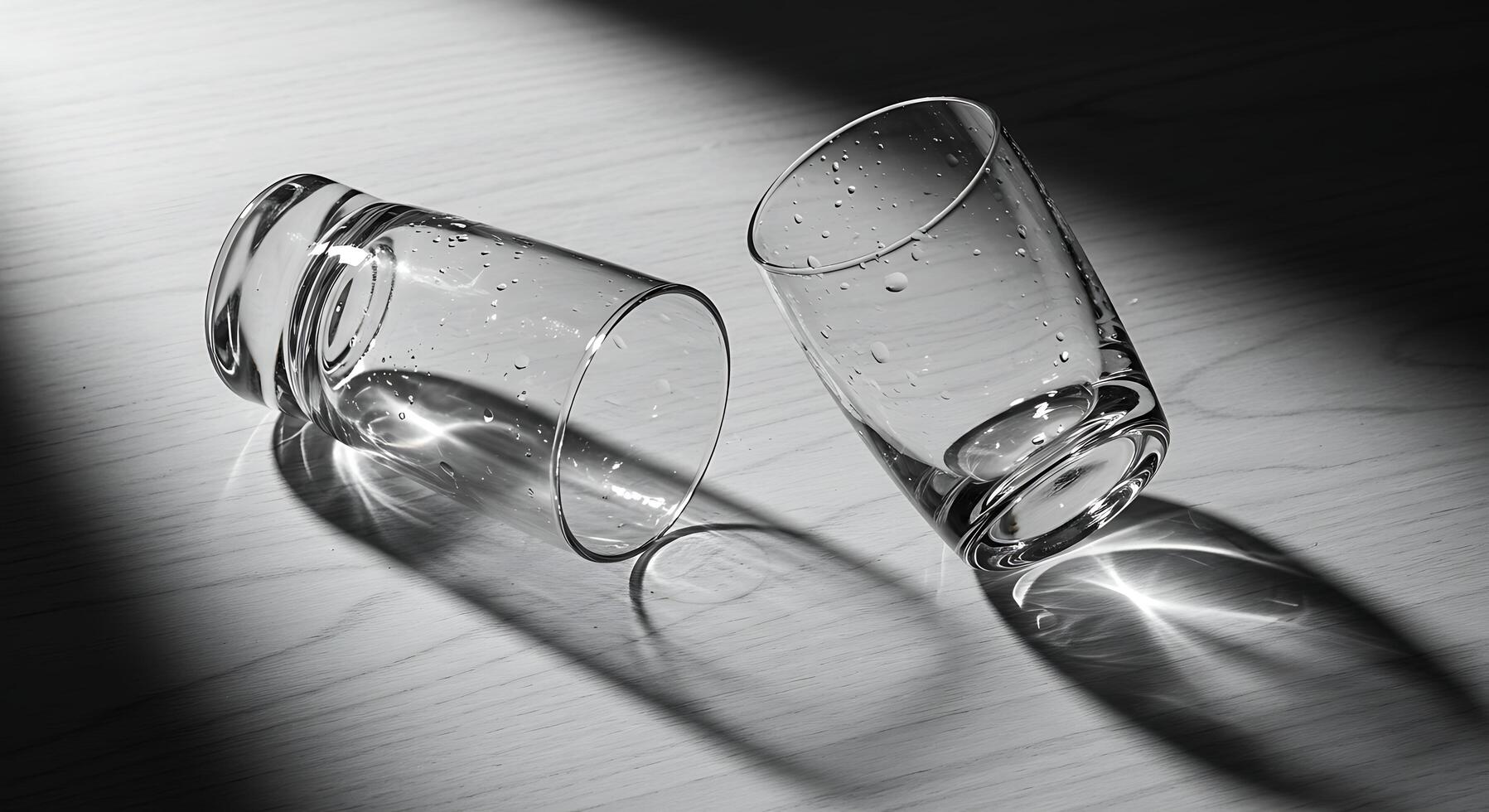 Two Empty Glasses Lying on Table with Water Droplets and Dramatic Shadows photo
