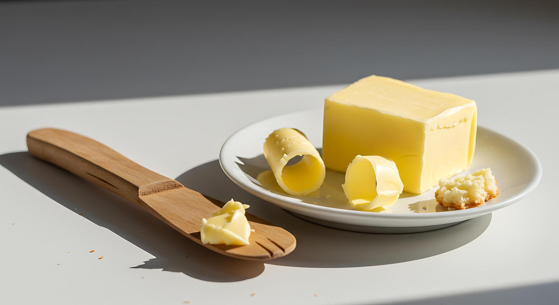 Serving Butter with Wooden Spreader on White Plate photo