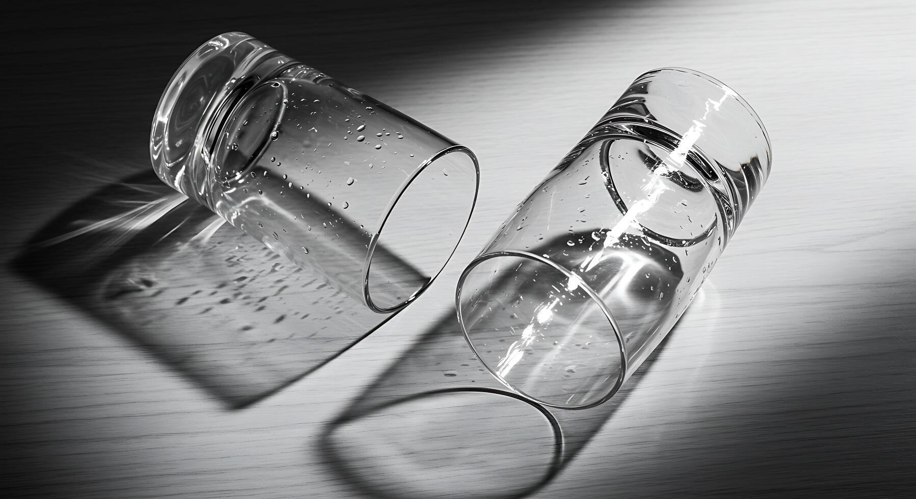 Two Empty Glasses Laying on Wooden Surface with Water Droplets photo