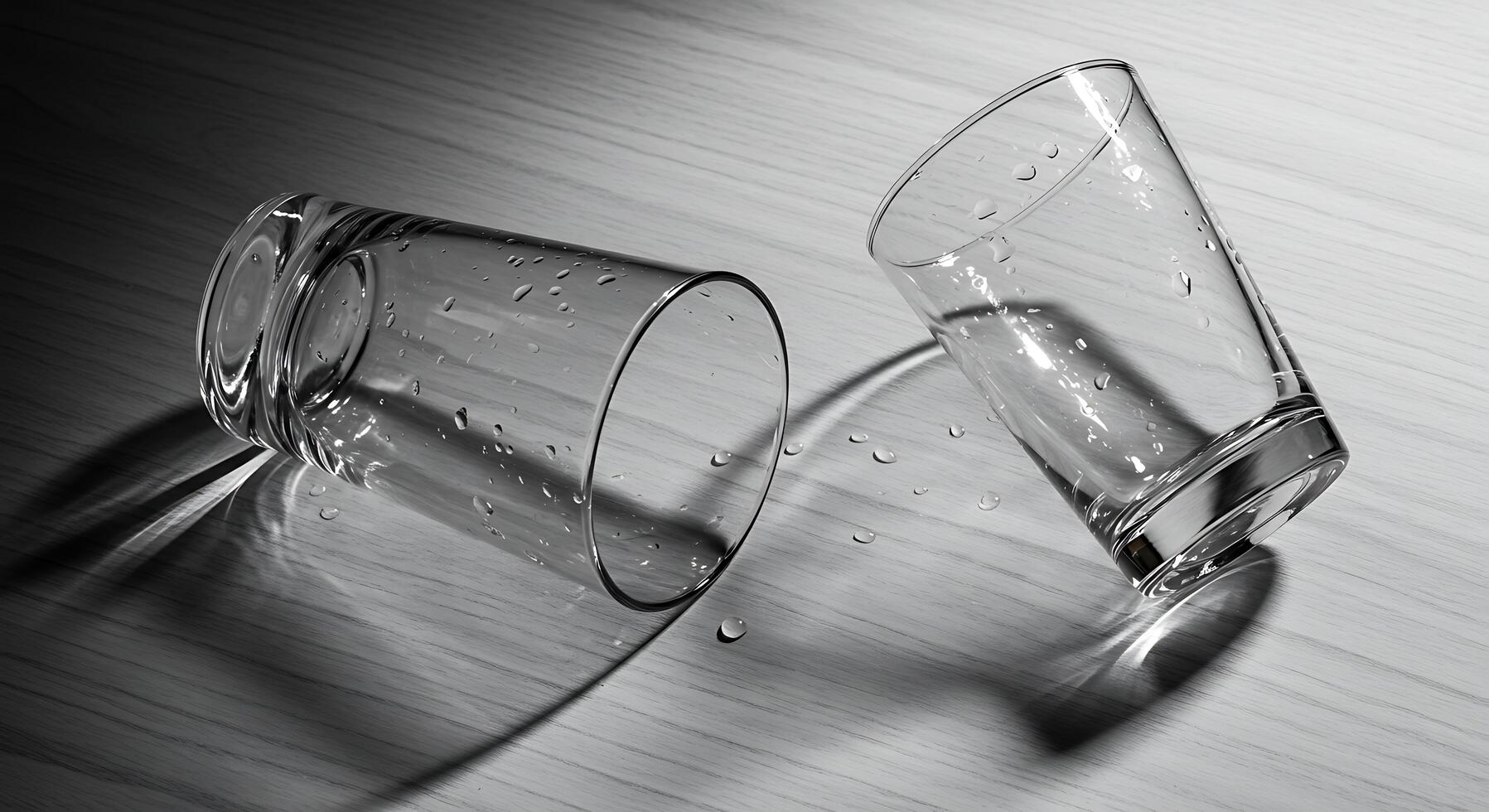 Empty Glasses with Water Droplets on a Wood Surface photo