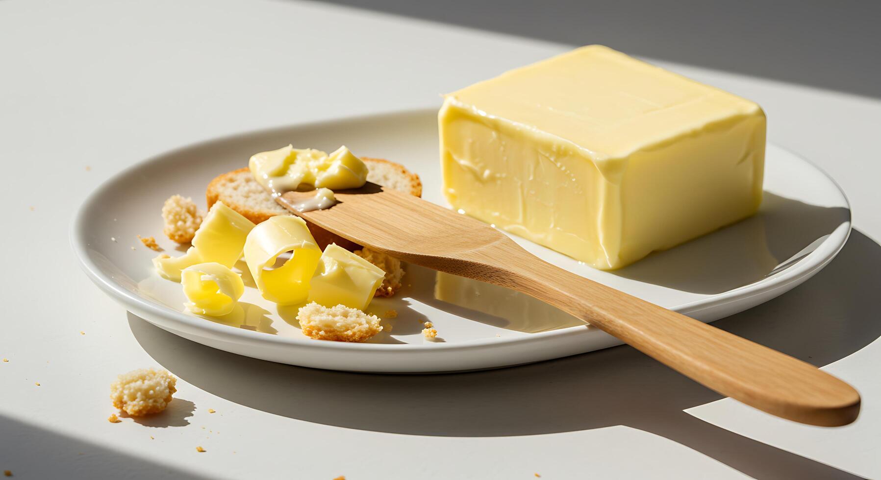 Serving Butter on Crackers with a Wooden Knife on a Plate photo