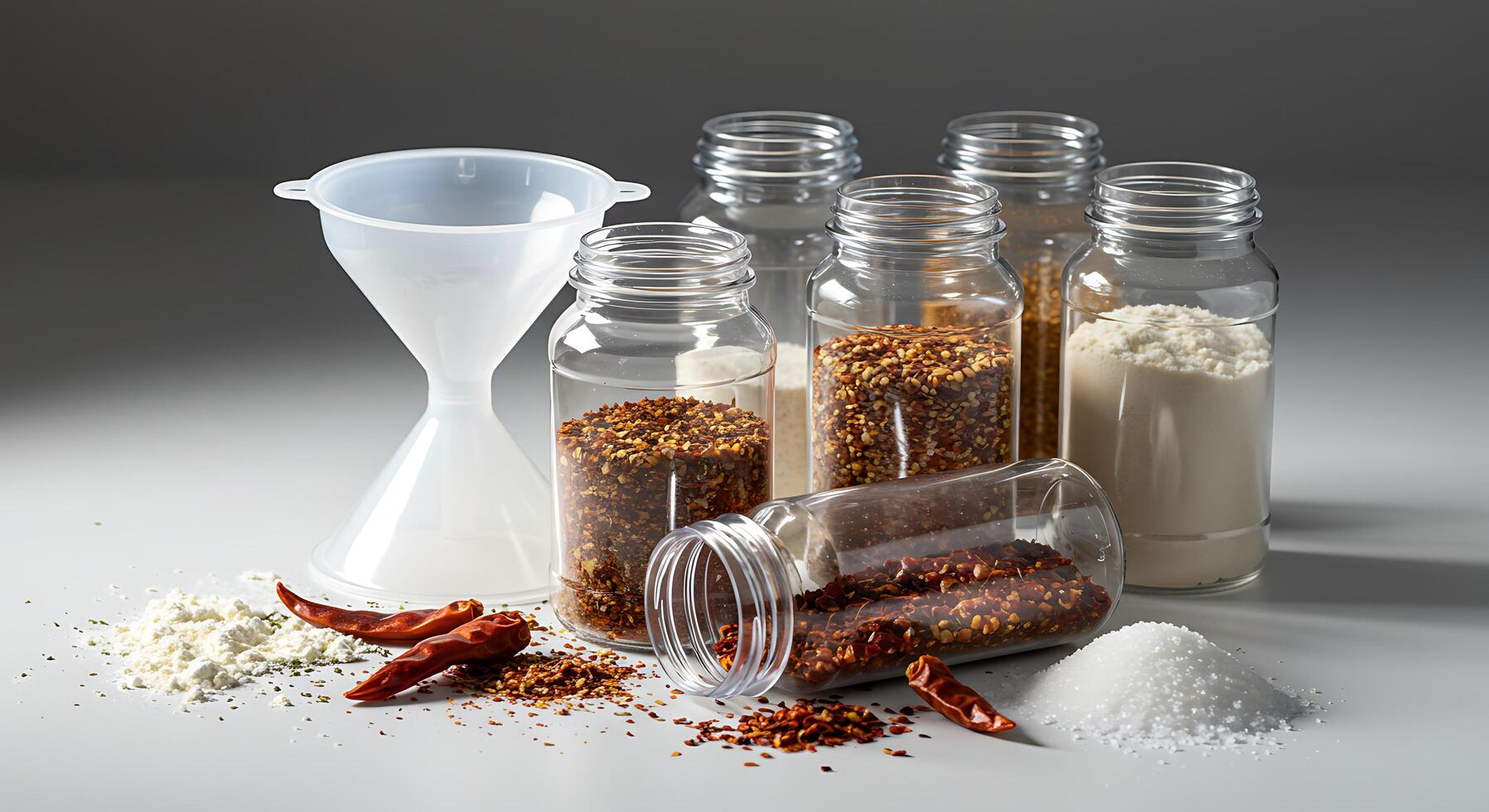 Filling Spice Jars with Funnel and Ingredients Still Life photo