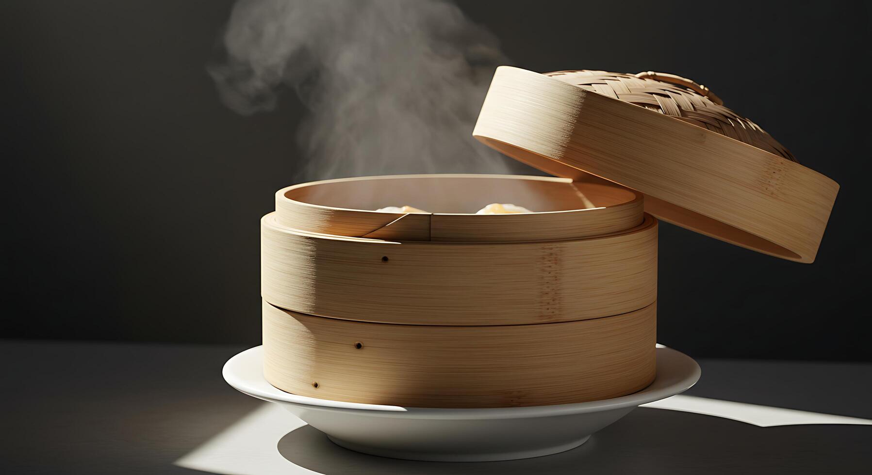 Steaming Food in Bamboo Steamer with Lid Open, Ready to Eat photo