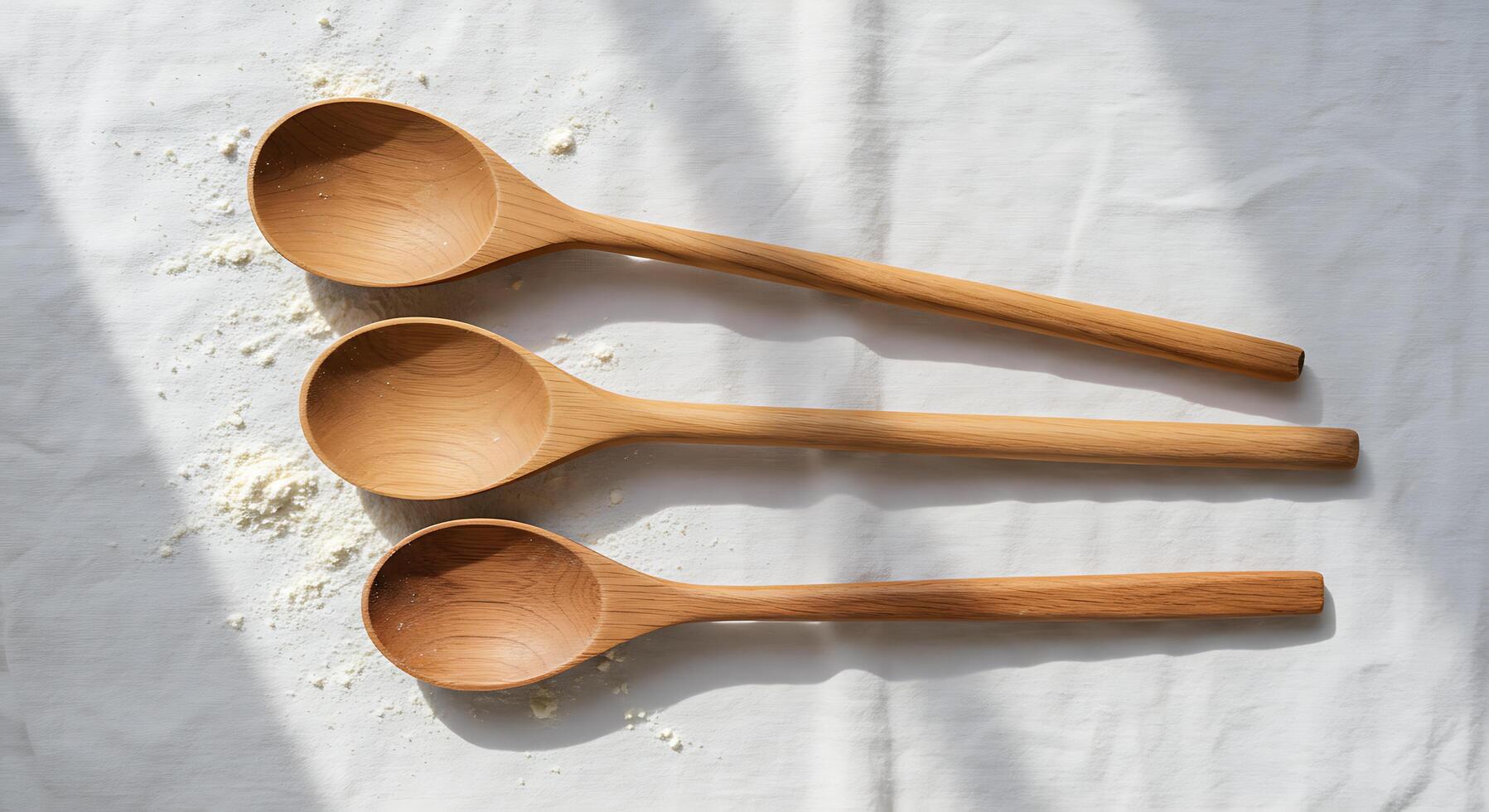 Wooden Spoons Arranged on White Surface with Flour photo